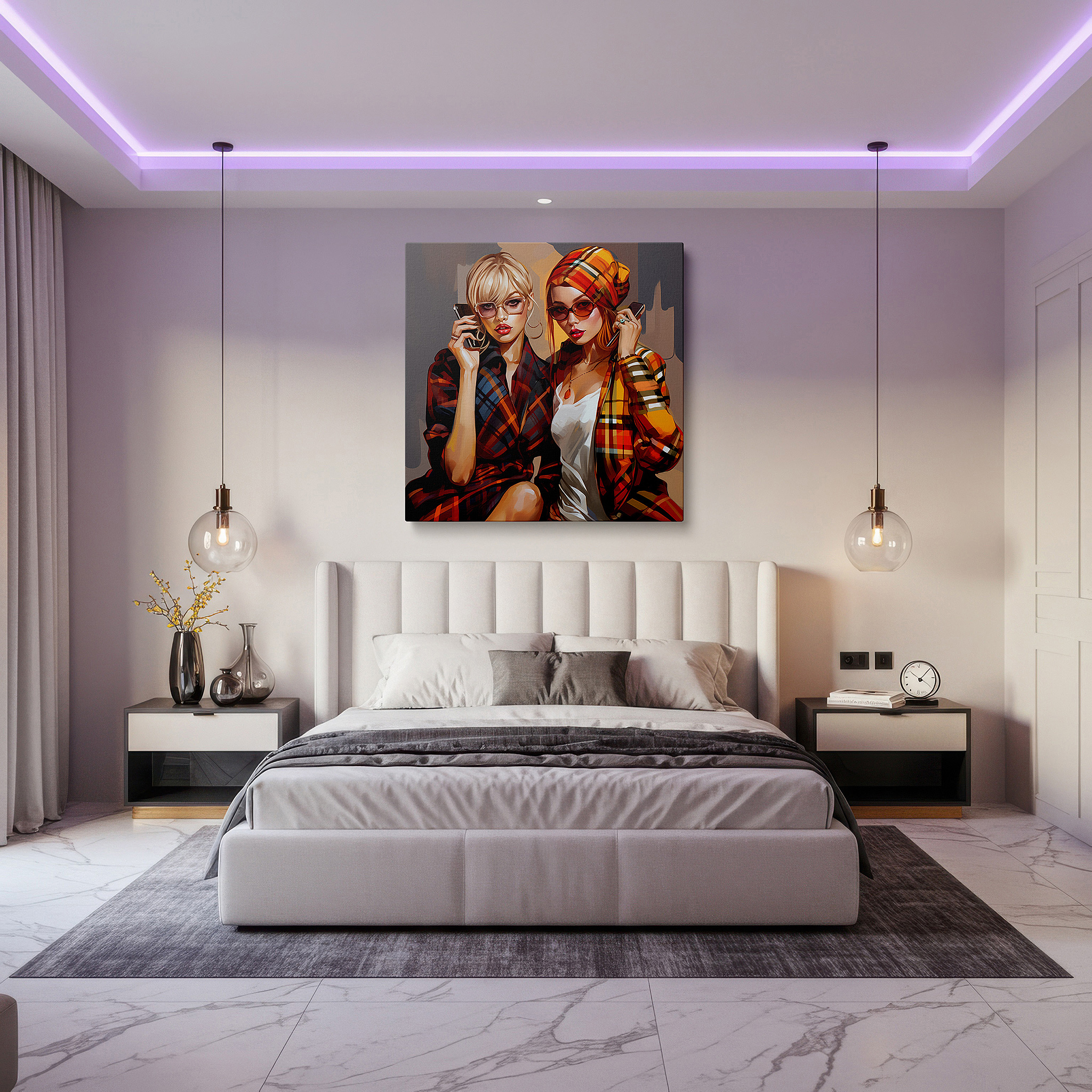 The 75×50 cm version anchors medium rooms without dominating them — contemporary style and personal expression in plaid: a dynamic dialogue among fashionable women - large wall art, canvas wall art, wall decor for office