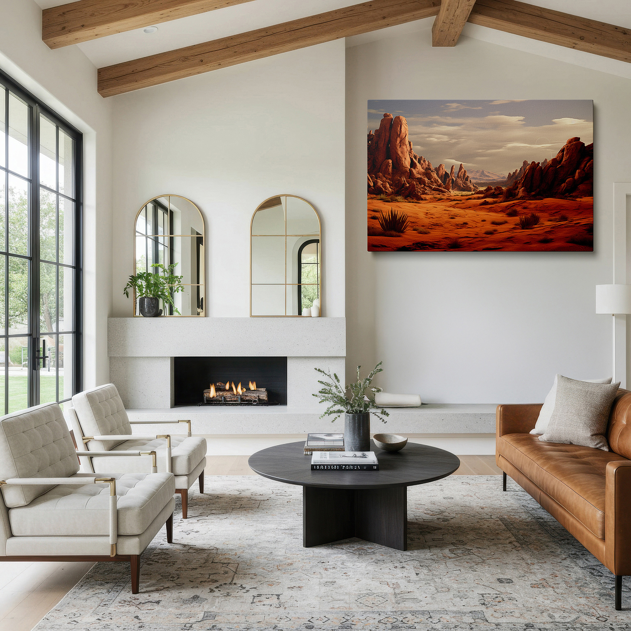 The 75×50 cm version anchors medium rooms without dominating them — desert majesty: towering rock formations and expansive skies wall art - large canvas for home and office decor, ideal for living room and bedroom