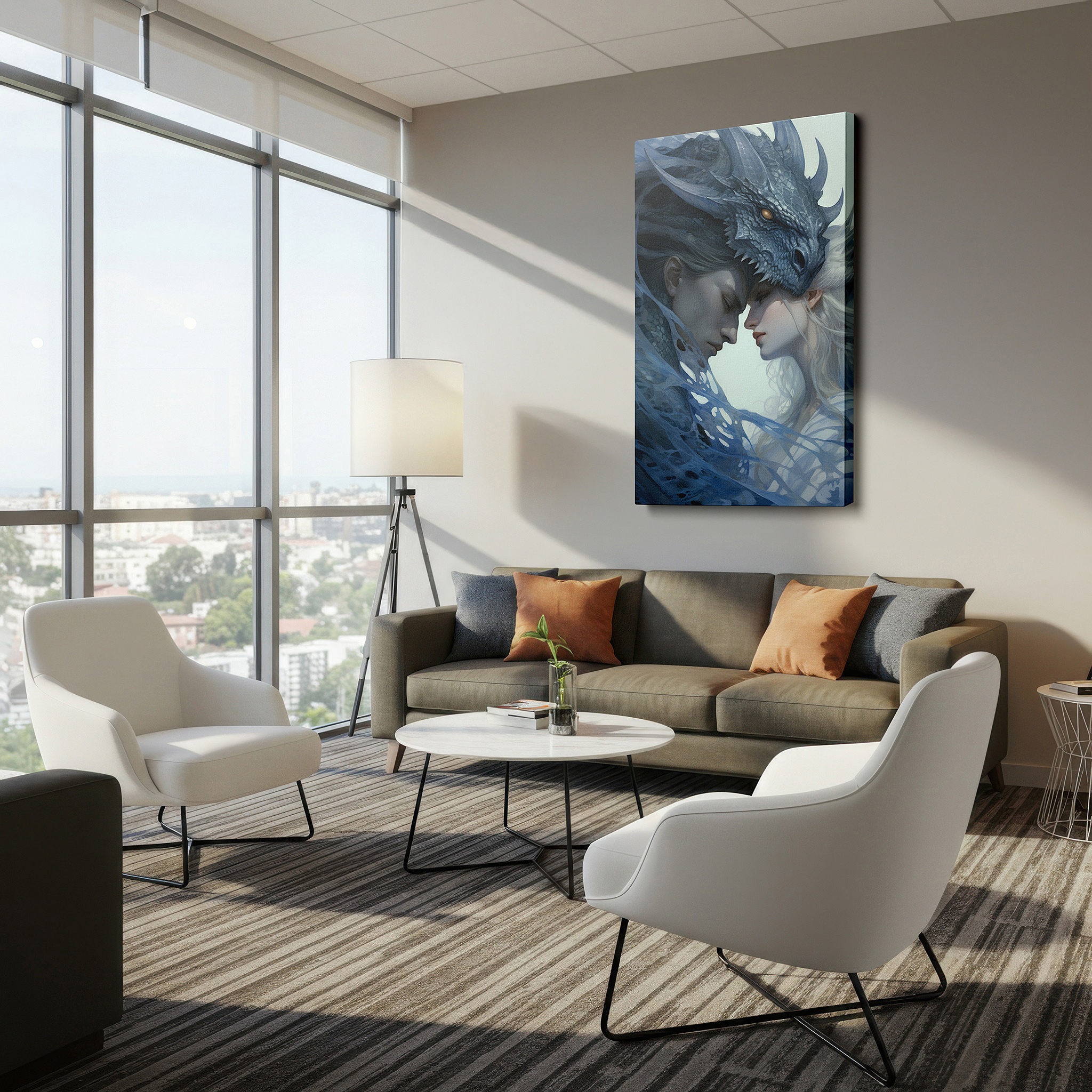 The 75×50 cm version anchors medium rooms without dominating them — dragon encounter canvas print: a mystical blend of power and serenity for home and office decor