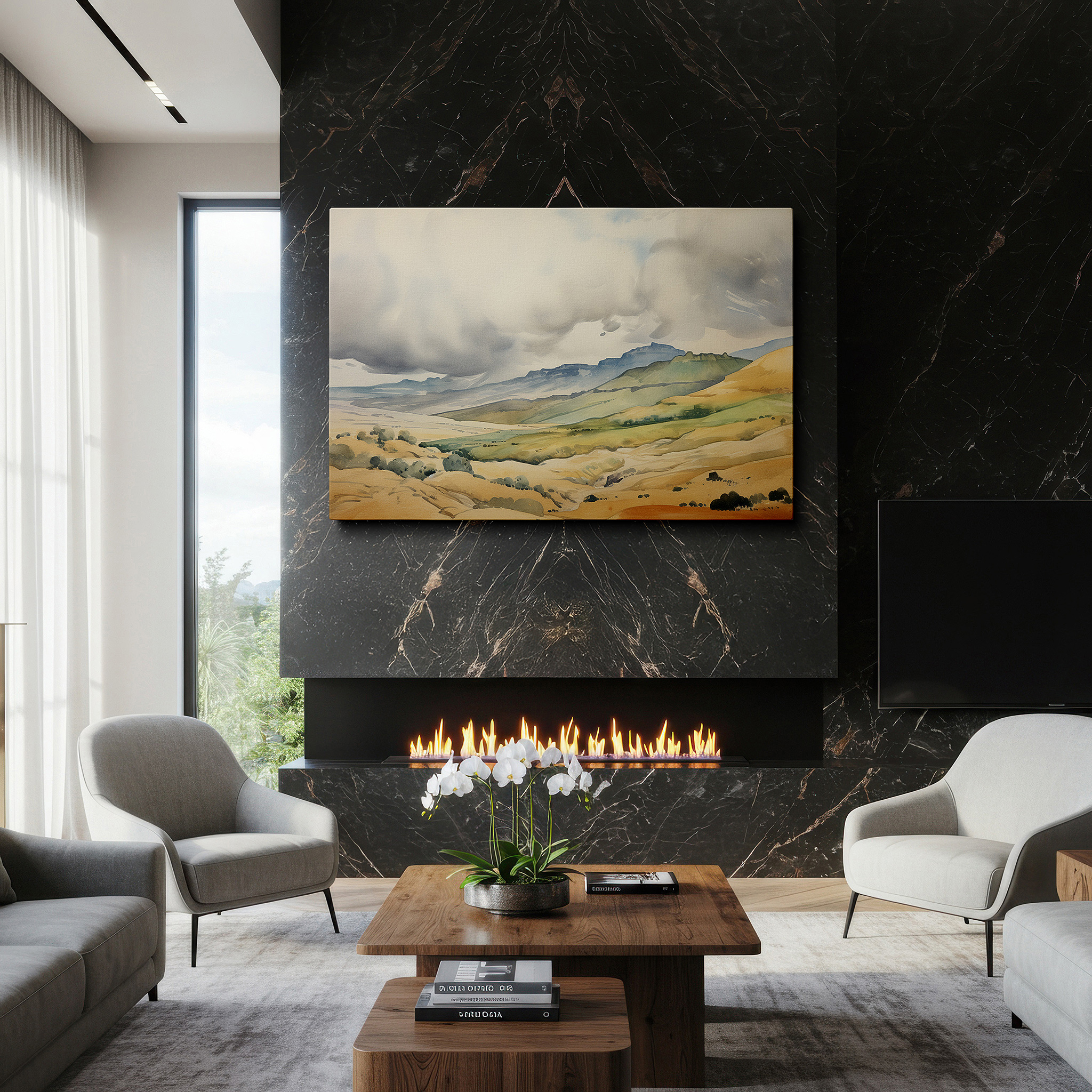 The 75×50 cm version anchors medium rooms without dominating them — dramatic mountains beneath a brooding sky - gateway to nature's majestic moods large wall art, canvas wall art, wall decor, office wall art, bedroom wall art