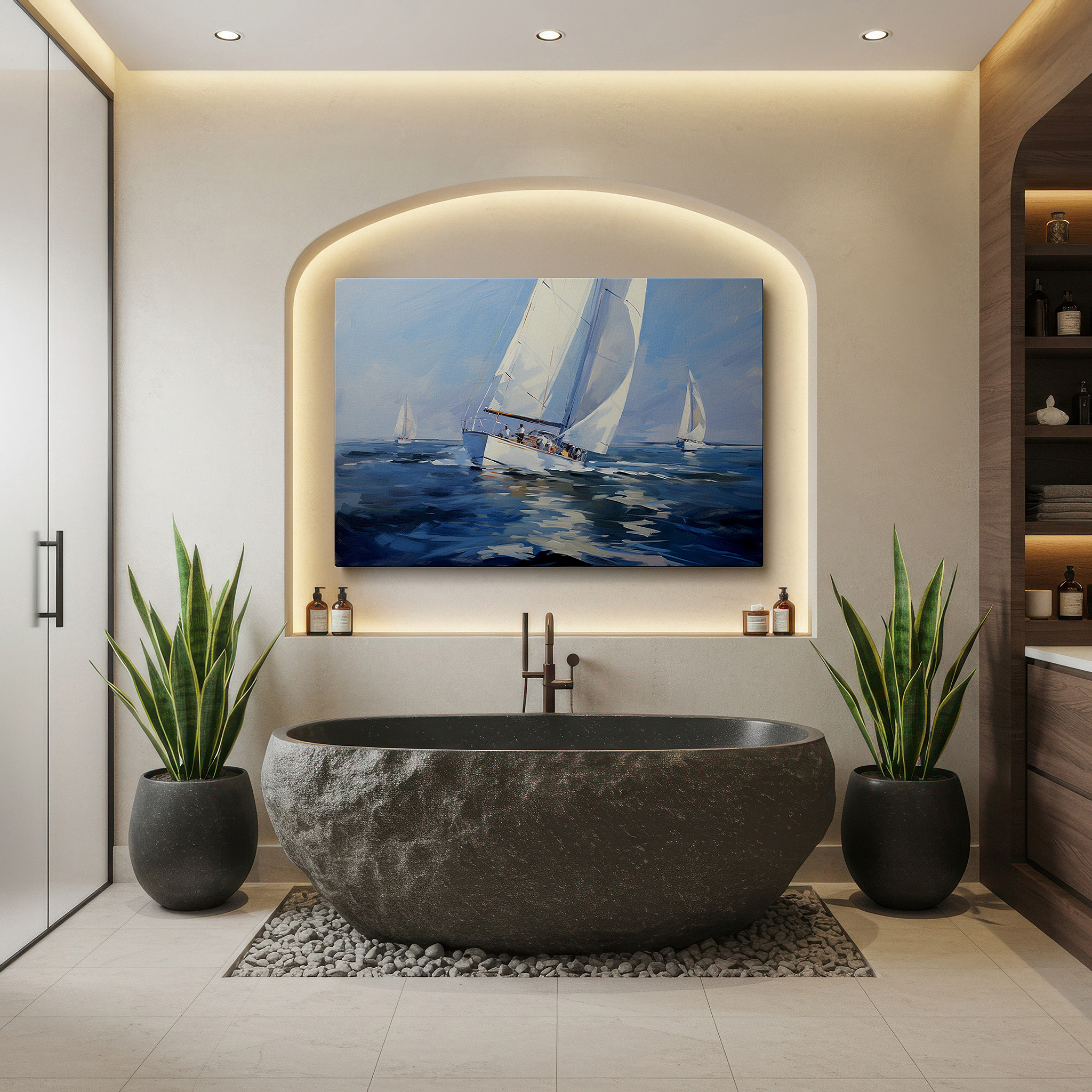 The 75×50 cm version anchors medium rooms without dominating them — dynamic yachts on the open sea: a vivid display of adventure and tranquil ocean beauty - large canvas wall art for office decor