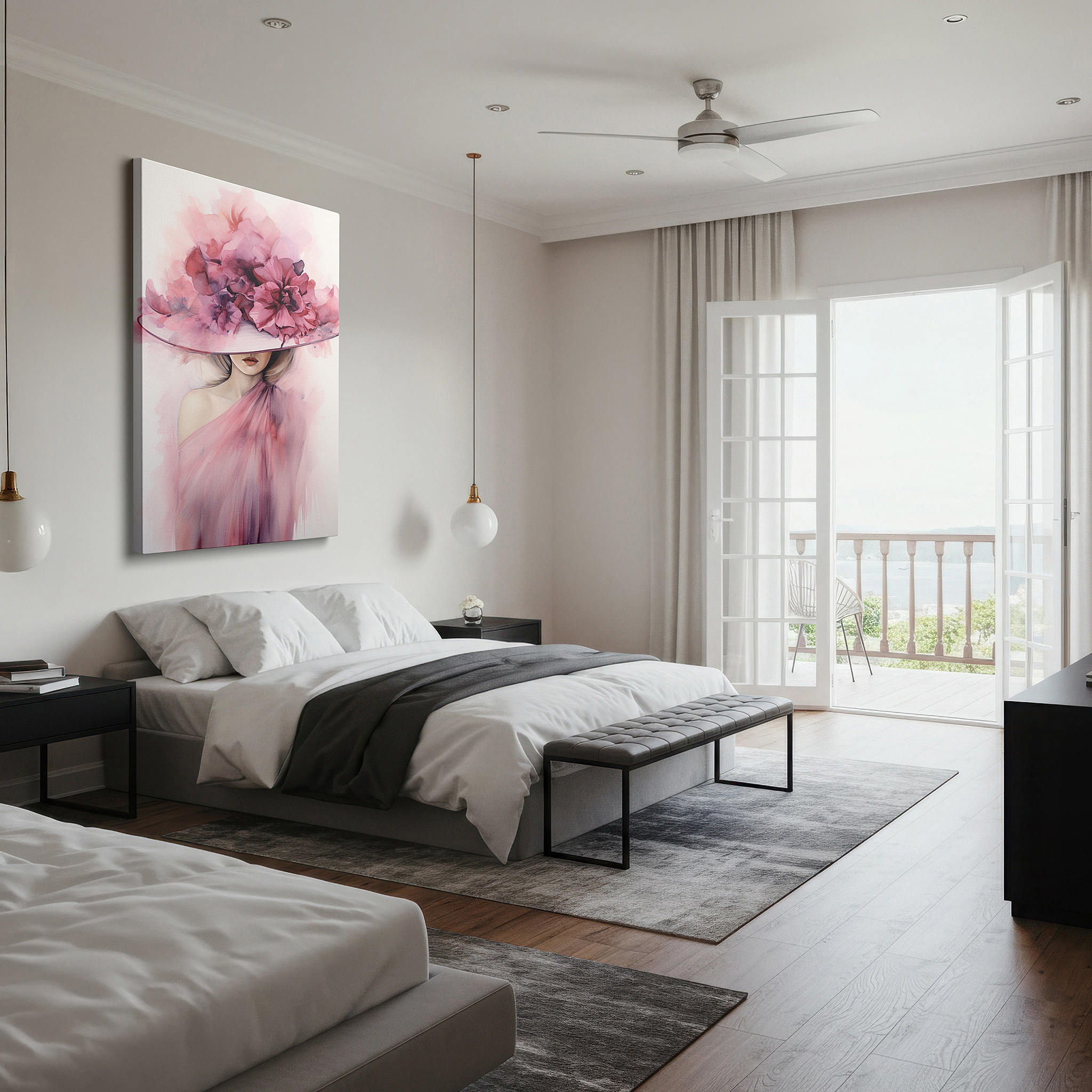 The 75×50 cm version anchors medium rooms without dominating them — elegant floral hat canvas wall art: perfect for office, bedroom, and living room decor