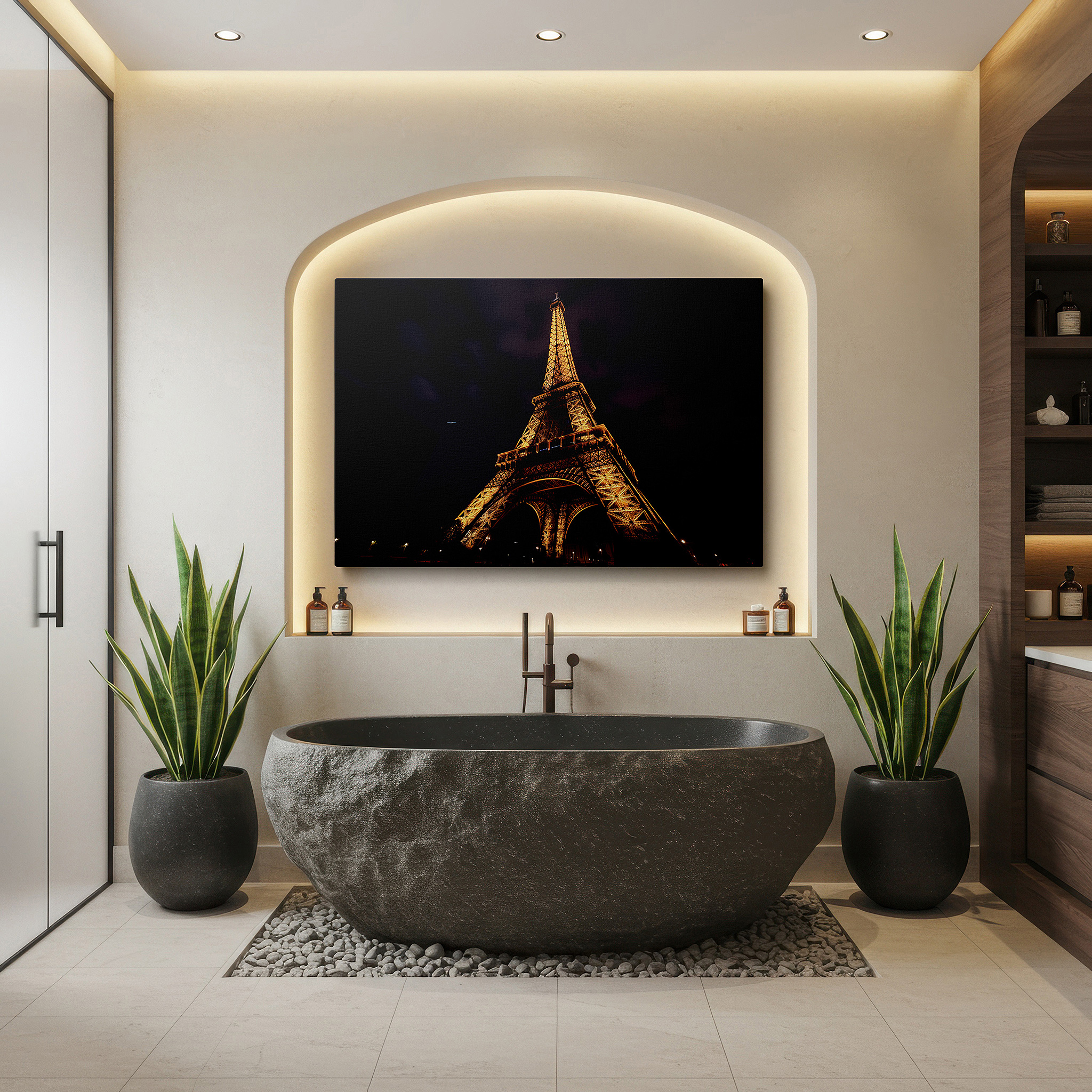 The 75×50 cm version anchors medium rooms without dominating them — elegant parisian and architectural splendor of the eiffel tower at night large wall art, canvas wall art, wall decor, office wall art
