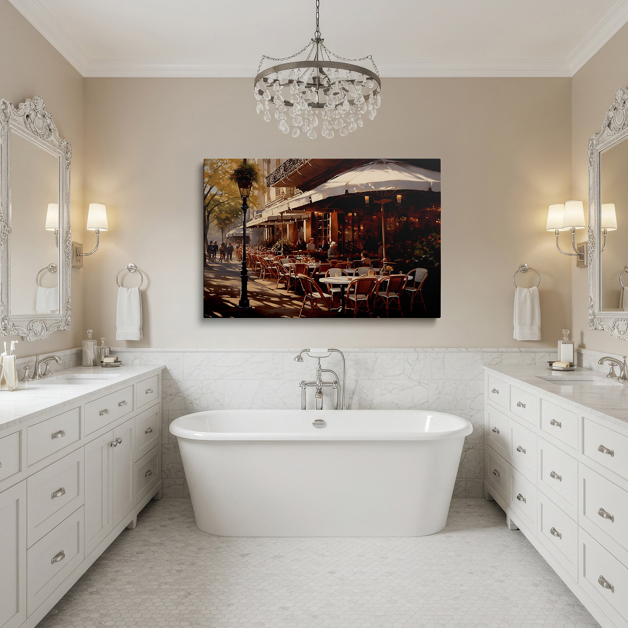 The 75×50 cm version anchors medium rooms without dominating them — elegant parisian café wall art - tranquil urban oasis with lush greenery for office, bedroom, and home decor