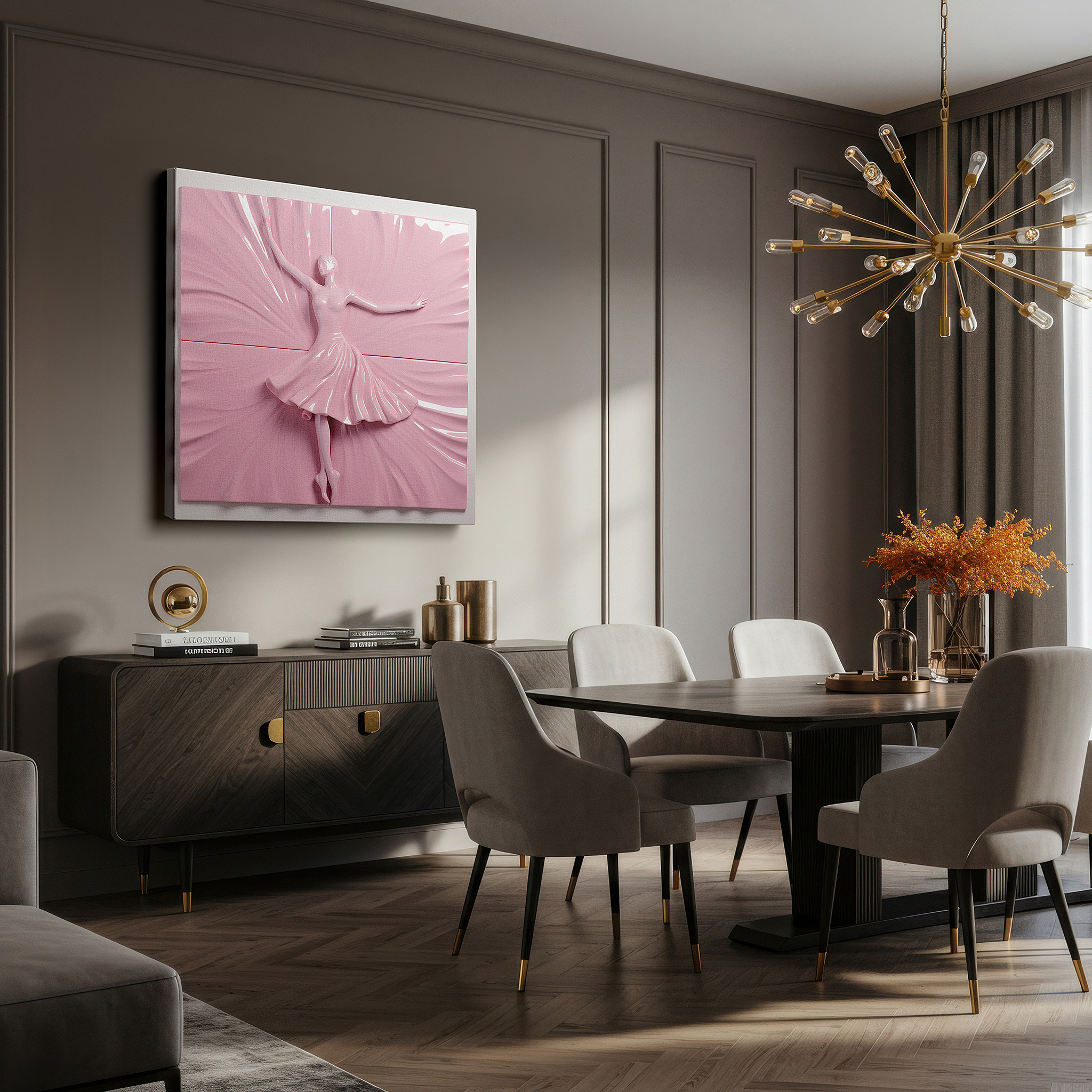 The 75×50 cm version anchors medium rooms without dominating them — ethereal dancer in motion: large wall art featuring luminous grace and subtle dynamism, perfect for home or office decor