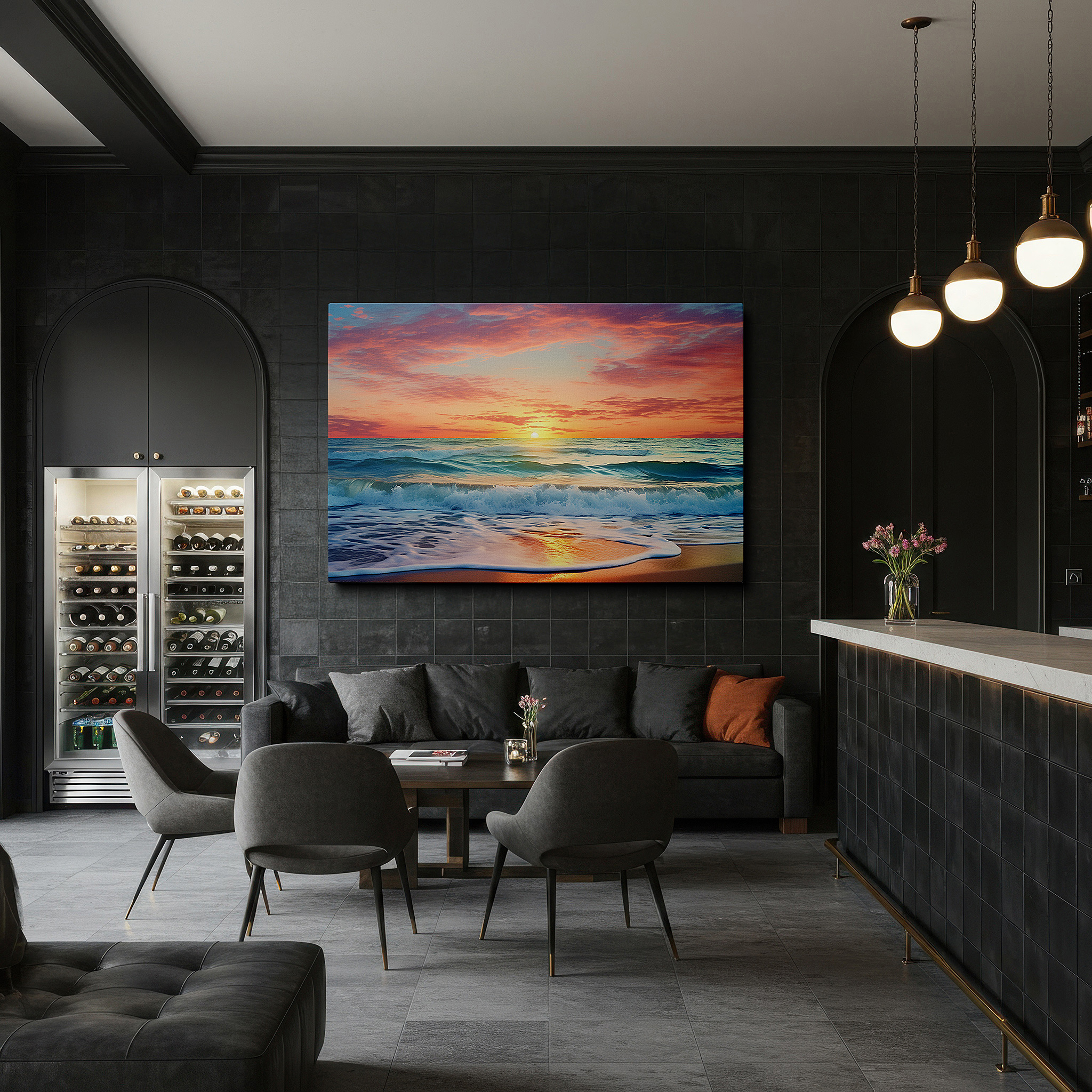 The 75×50 cm version anchors medium rooms without dominating them — fiery hues and tranquil blues: sunset over the ocean large wall art, canvas wall art, wall decor for office and bedroom