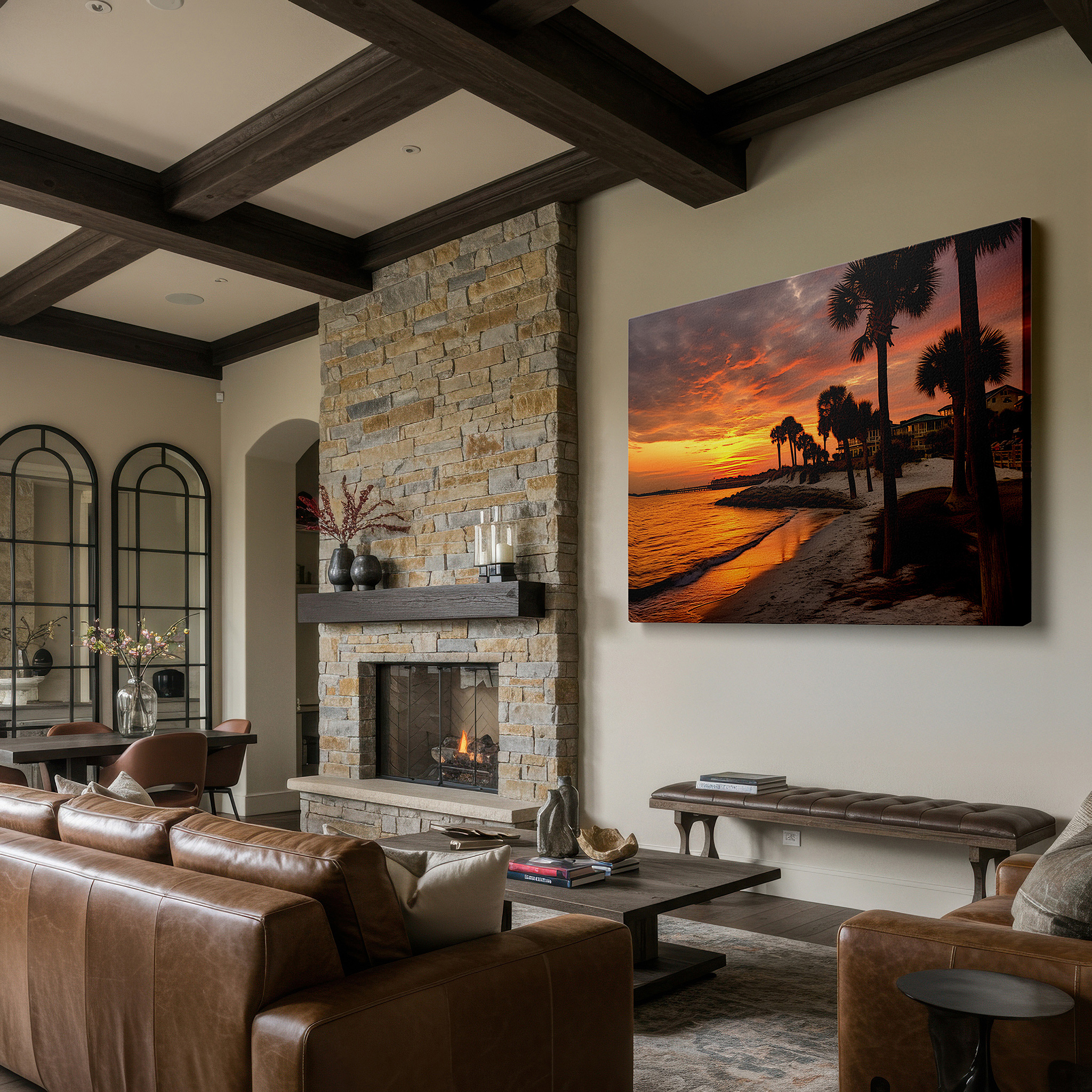 The 75×50 cm version anchors medium rooms without dominating them — fiery sunset and palm silhouette reflections on sandy beach - large canvas wall art for office and bedroom decor