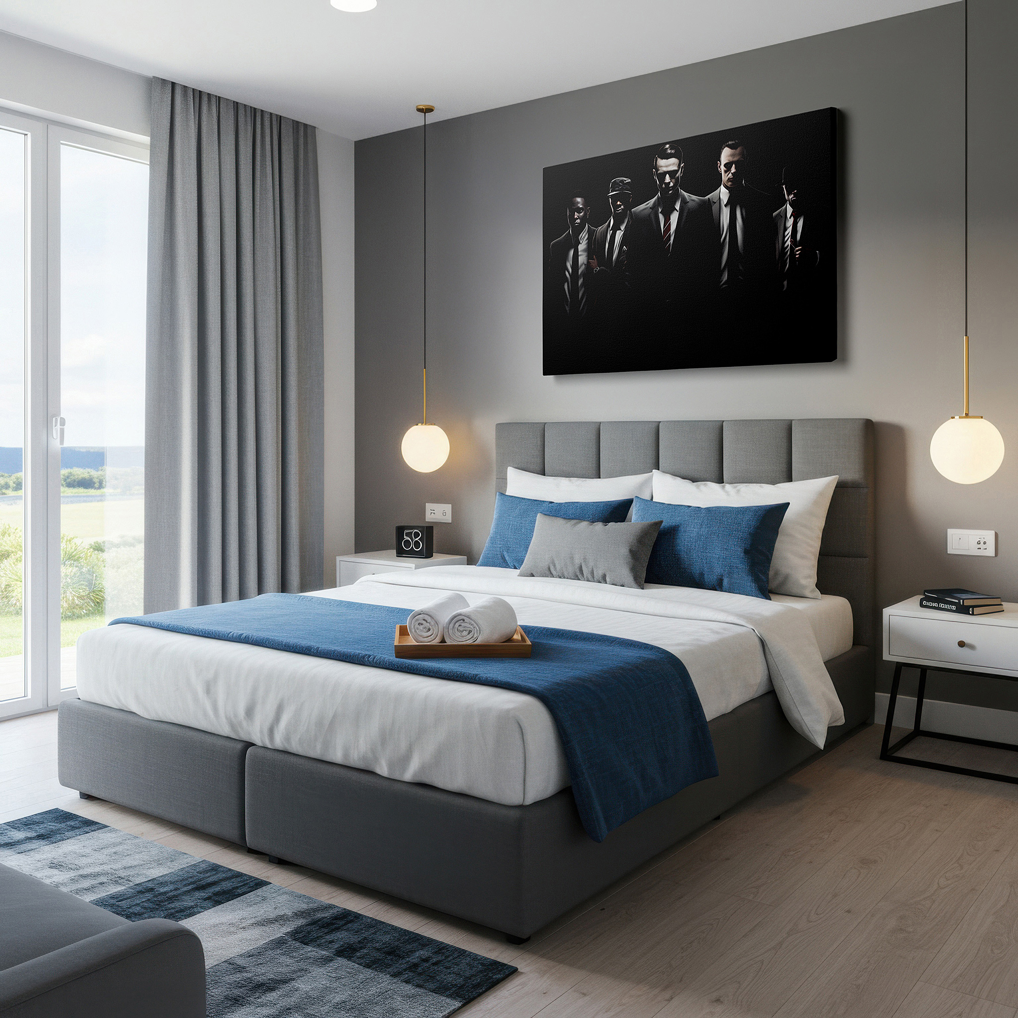 The 75×50 cm version anchors medium rooms without dominating them — five men in suits symbolizing leadership and unity, set against a mysterious background - large wall art, canvas wall art, wall decor for office and bedroom