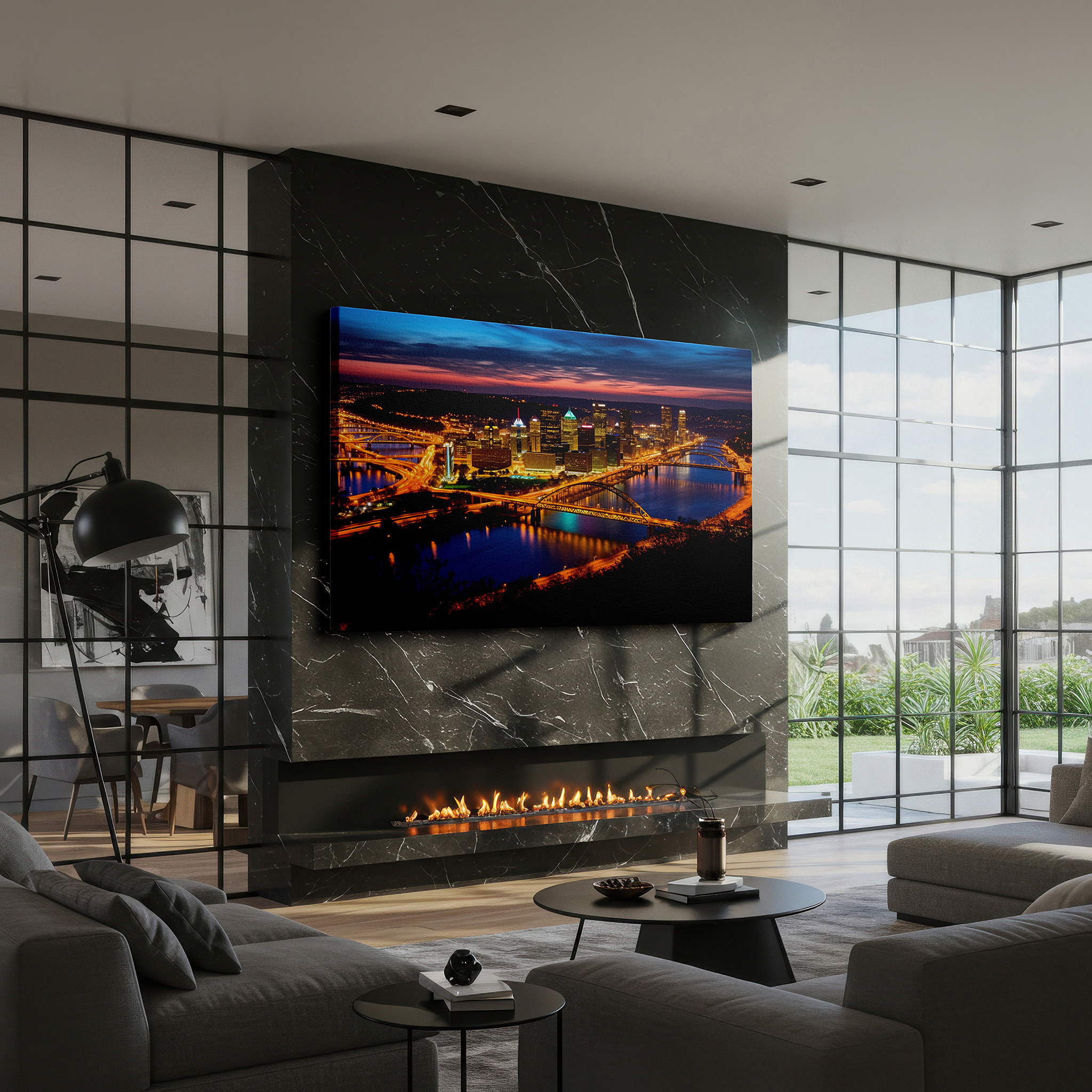 The 75×50 cm version anchors medium rooms without dominating them — golden hour above pittsburgh skyline - a stunning fusion of natural and city beauty large wall art, canvas wall art, wall decor, office wall art