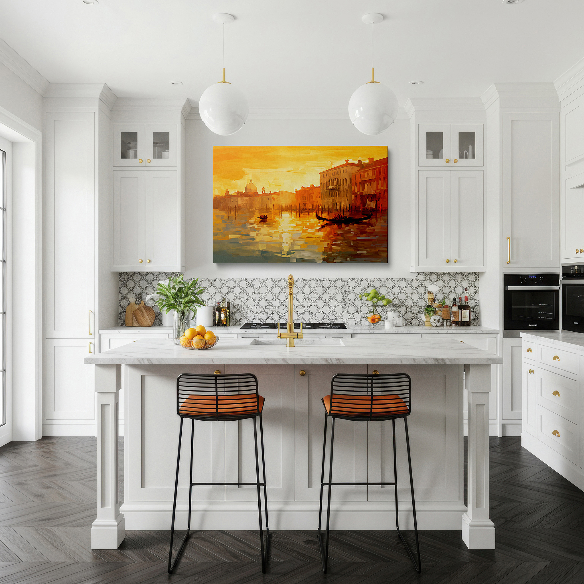 The 75×50 cm version anchors medium rooms without dominating them — golden reflections dance across serene waters: vibrant abstract canvas wall art for office, bedroom, and home decor