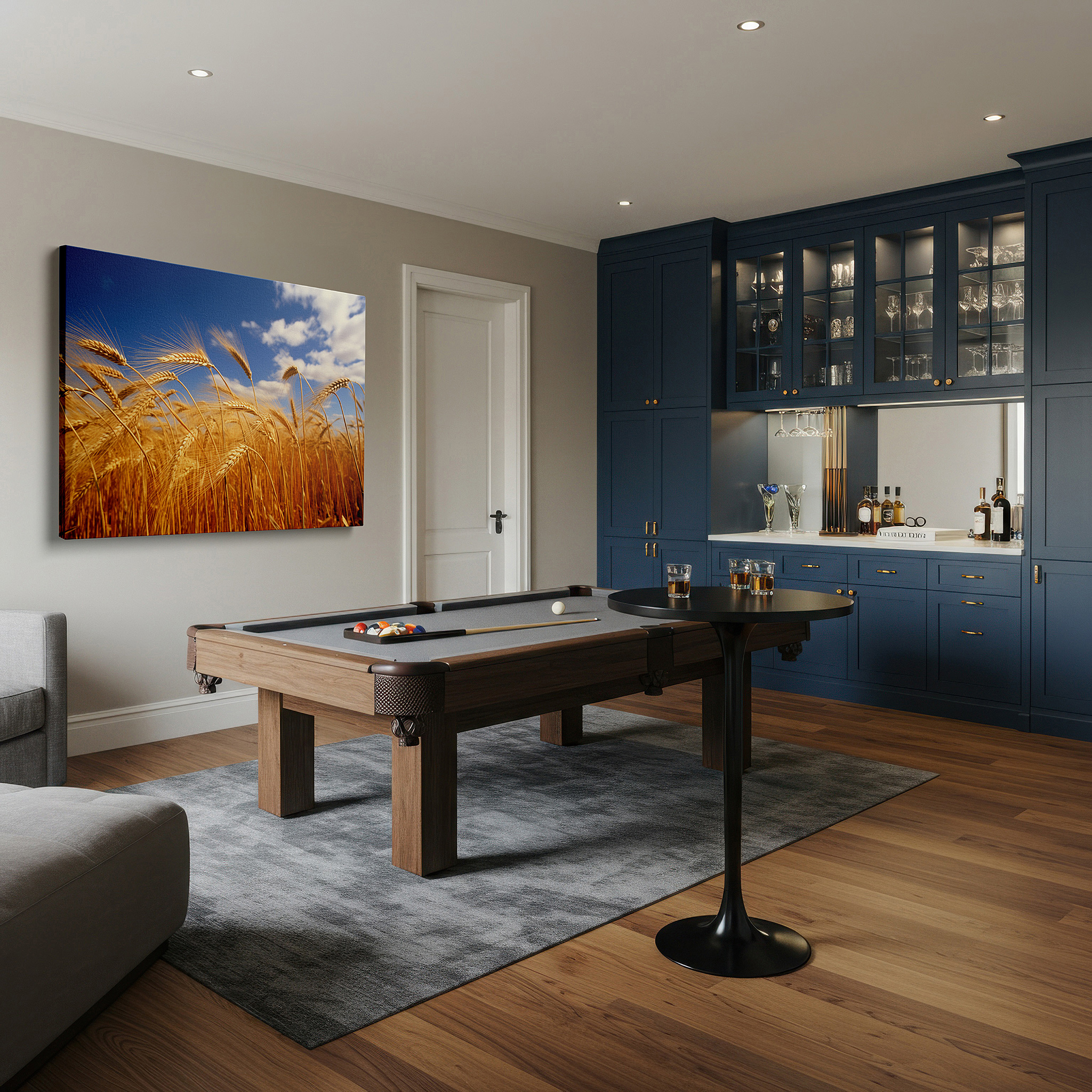 The 75×50 cm version anchors medium rooms without dominating them — golden wheat field beneath a vibrant blue sky - peaceful blend of earth and sky, large wall art, canvas wall art, wall decor for office and bedroom