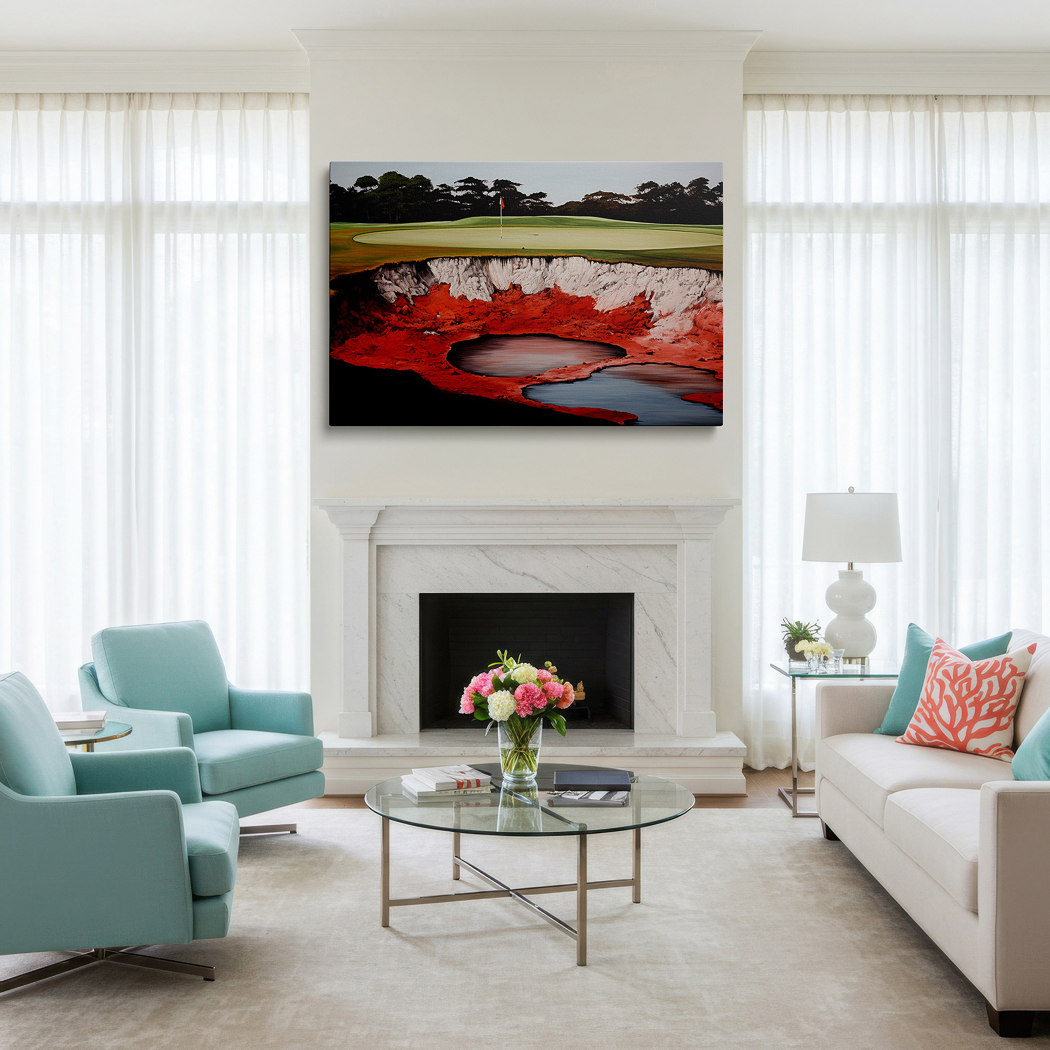 The 75×50 cm version anchors medium rooms without dominating them — golf course elegance and geological drama wall art featuring central sinkhole, large canvas wall art for office and bedroom decor