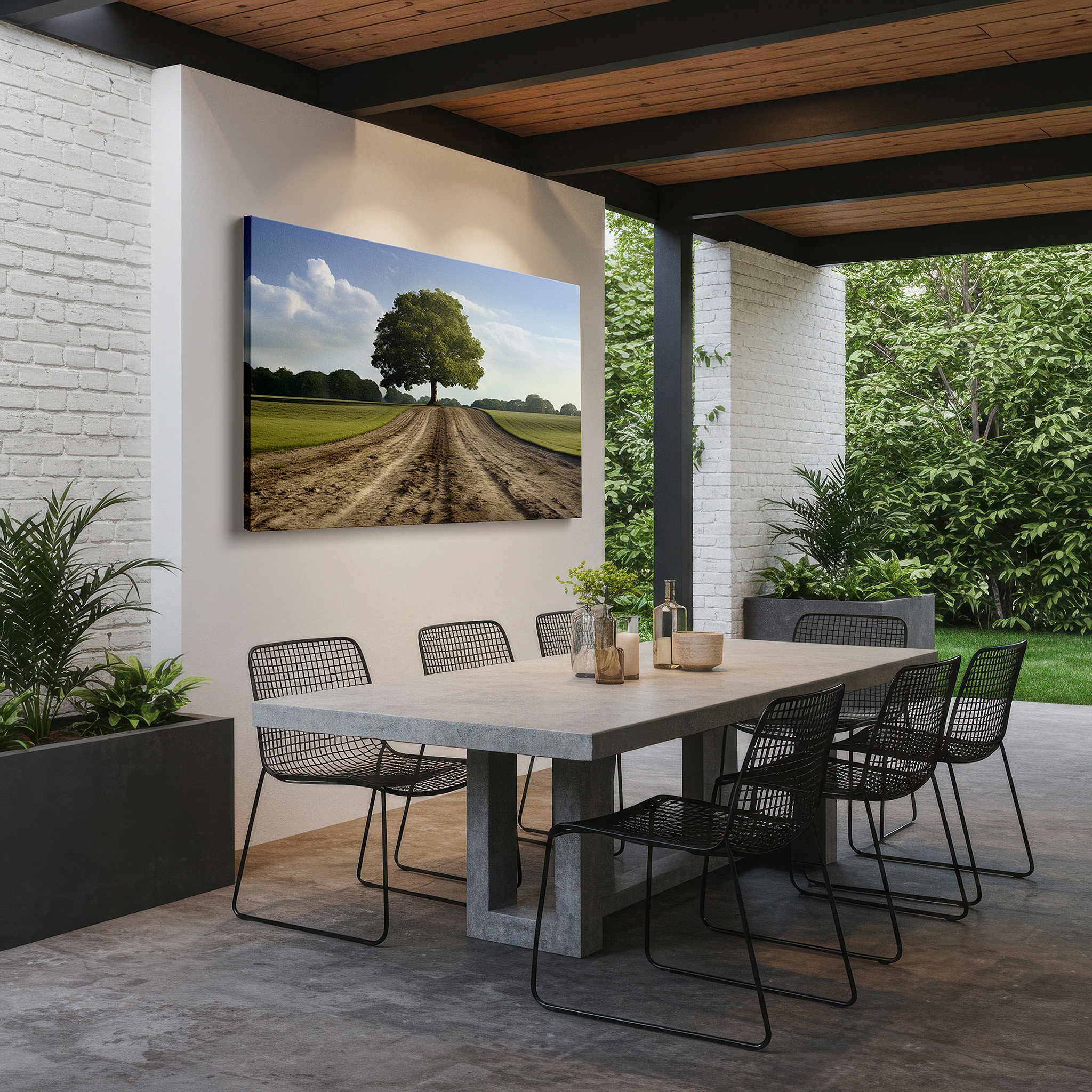 The 75×50 cm version anchors medium rooms without dominating them — grand tree in majestic solitude on a dusty path - large canvas wall art for office, bedroom, and living room decor