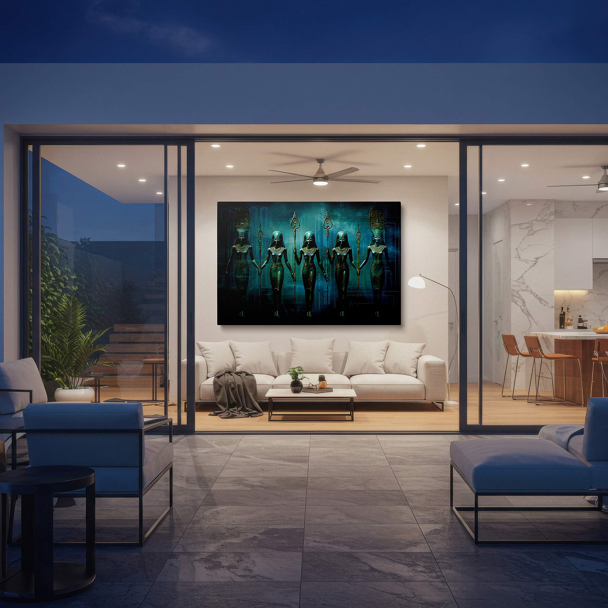 The 75×50 cm version anchors medium rooms without dominating them — guardians of time: blending historical bravery with future insight - large wall art, canvas, home and office decor