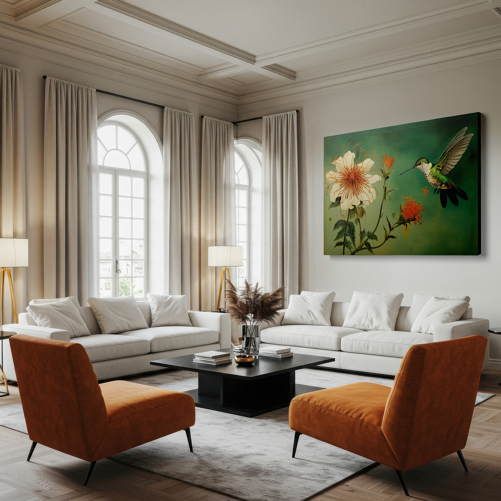 The 75×50 cm version anchors medium rooms without dominating them — hummingbird and flower: a graceful display of nature's elegance and swiftness - large wall art, canvas wall art, wall decor for office and bedroom