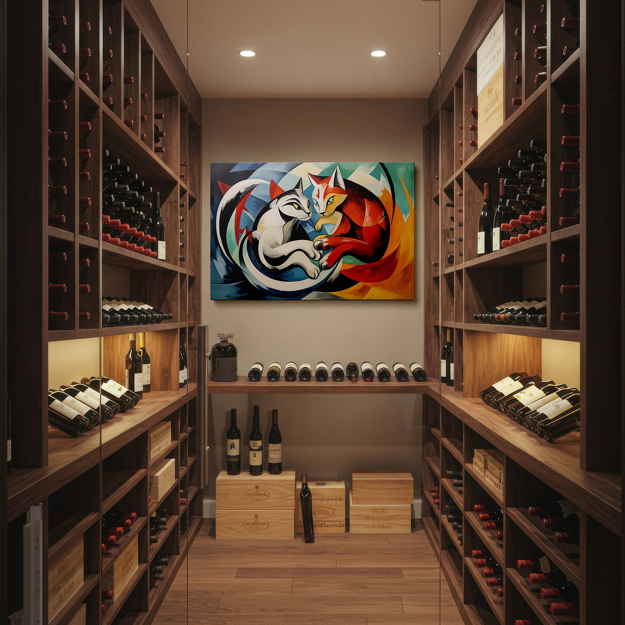 The 75×50 cm version anchors medium rooms without dominating them — joyful dance of black and red cats: a kaleidoscope of joy - large canvas wall art for office, bedroom, and living room decor