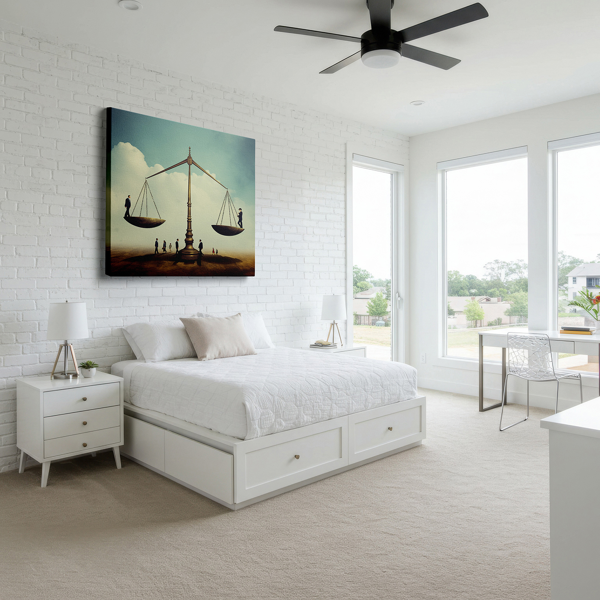 The 75×50 cm version anchors medium rooms without dominating them — justice and equality vision: balancing humanity scales - large wall art, canvas decor for office, bedroom, and living room