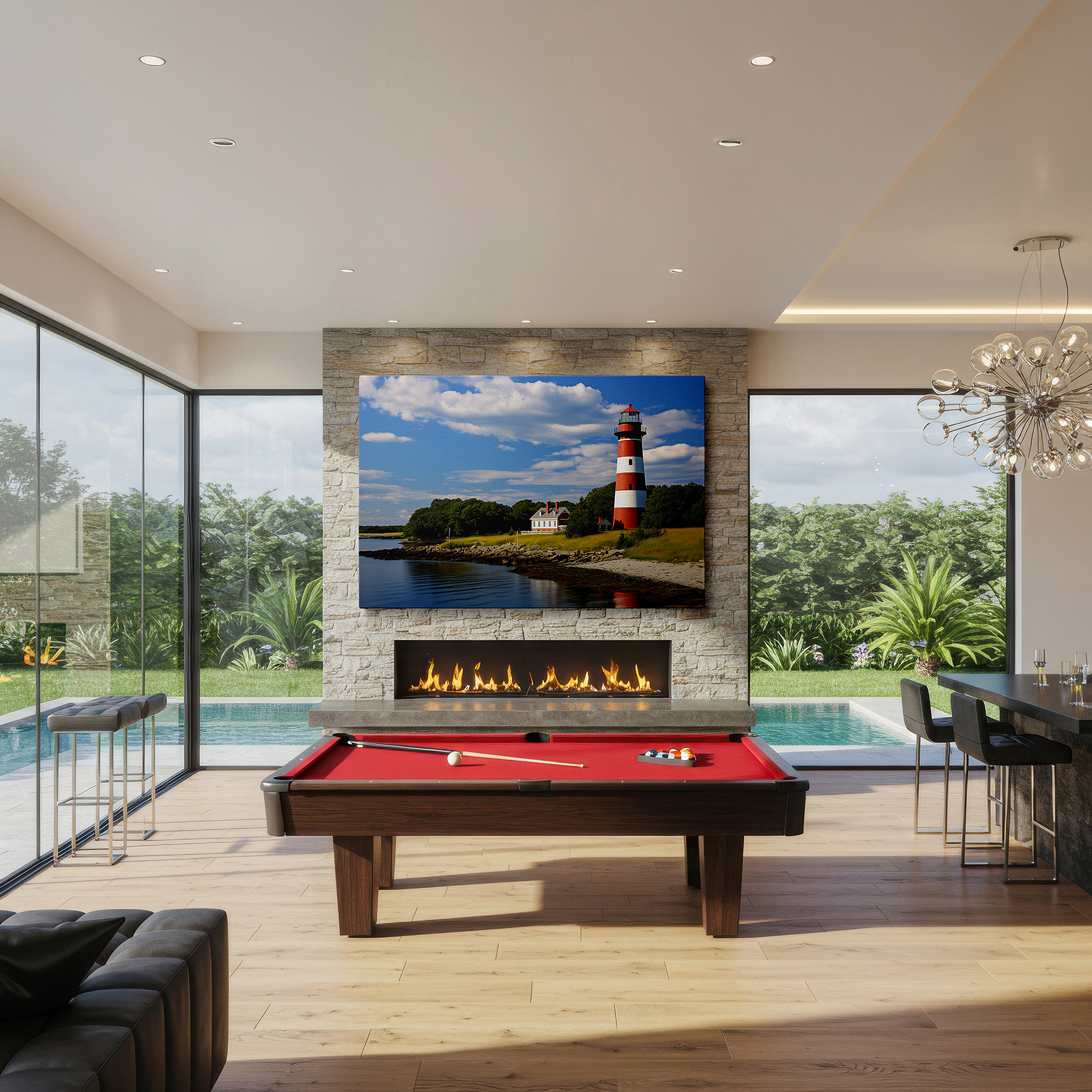 The 75×50 cm version anchors medium rooms without dominating them — luminous lighthouse by tranquil waters surrounded by verdant foliage under a bright morning sky - large canvas wall art for home and office decor
