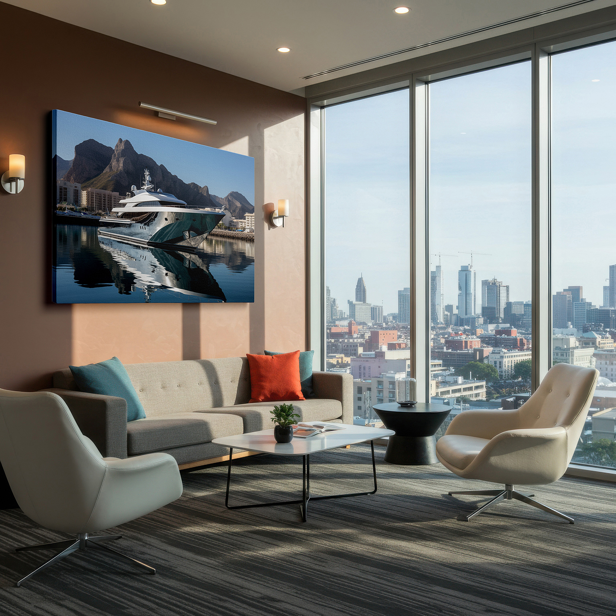 The 75×50 cm version anchors medium rooms without dominating them — luxurious coastal serenity: majestic yacht and misty mountain canvas wall art for office and bedroom decor
