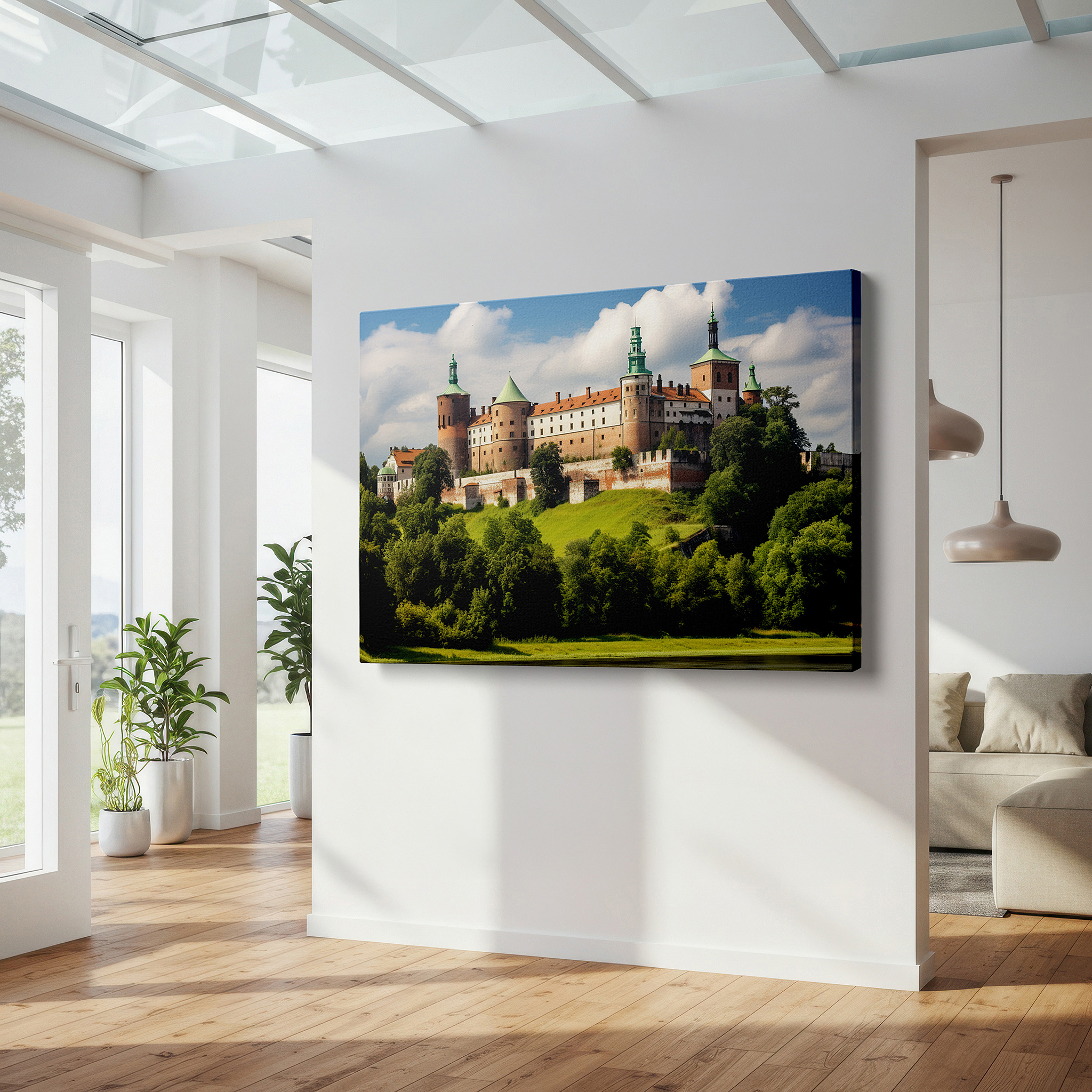 The 75×50 cm version anchors medium rooms without dominating them — majestic castle on a hill, medieval splendor surrounded by verdant greenery and peaceful waters - large canvas wall art for office decor