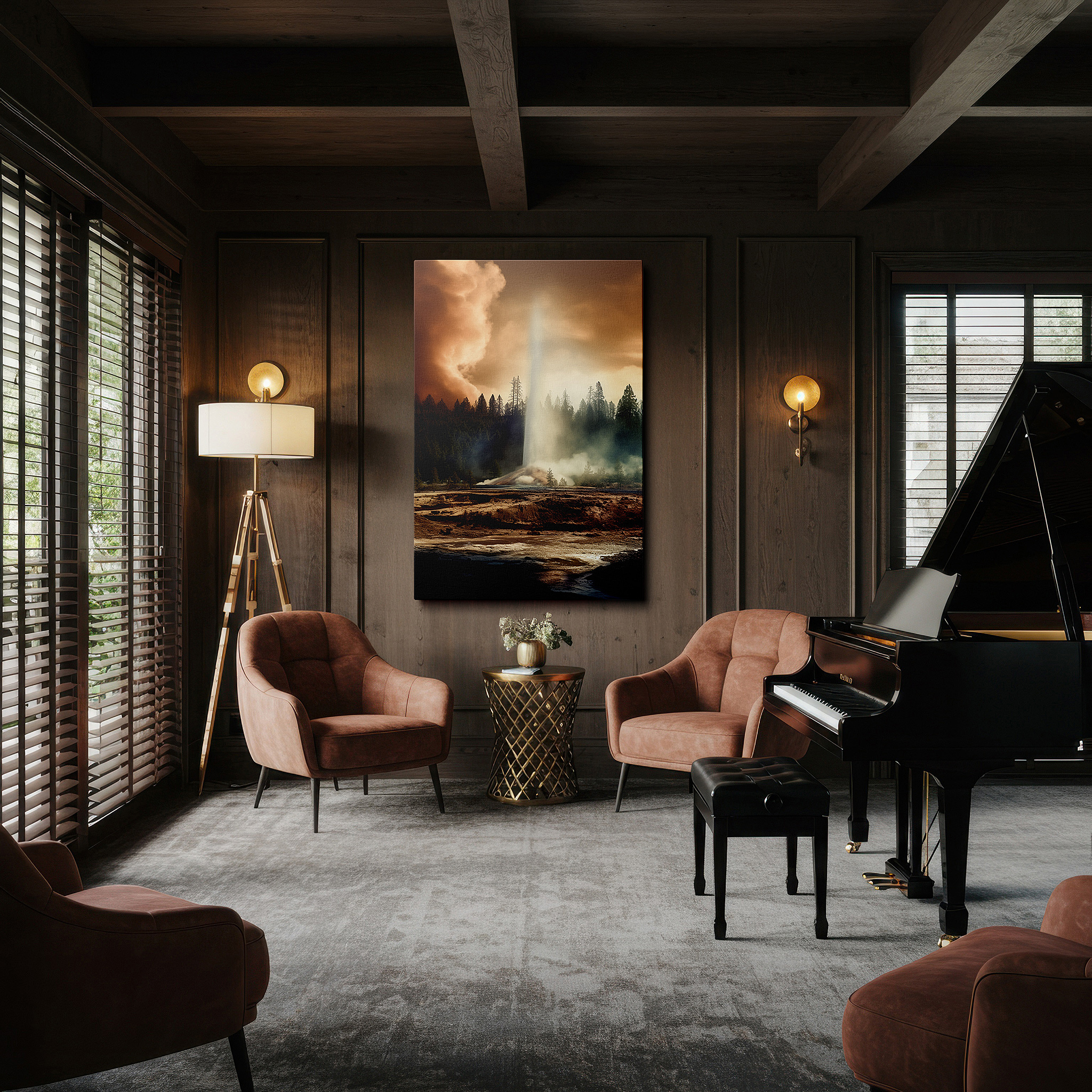 The 75×50 cm version anchors medium rooms without dominating them — majestic geyser eruption wall art featuring towering pines and stormy skies for office, bedroom, and living room decor