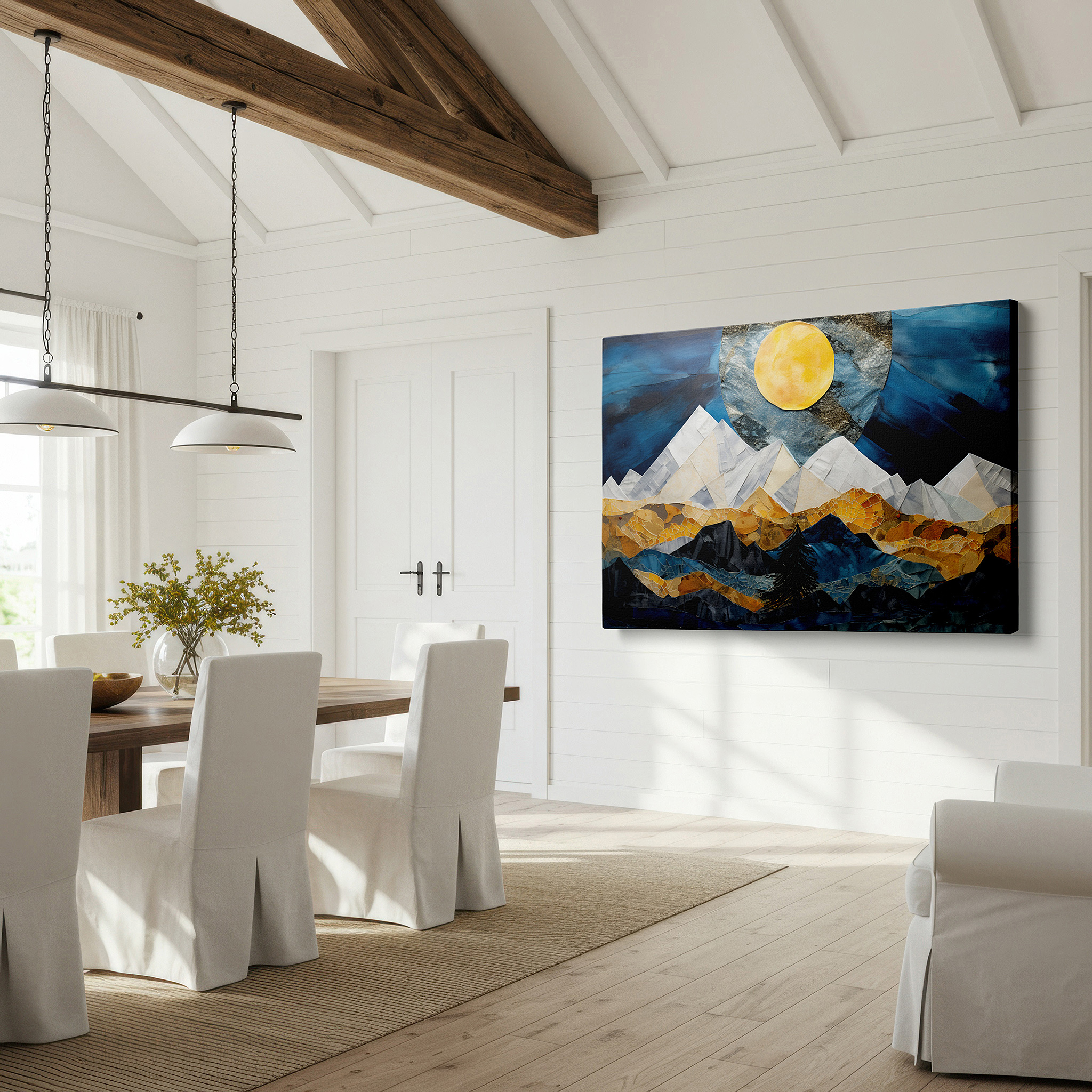 The 75×50 cm version anchors medium rooms without dominating them — majestic mountains beneath a radiant moon, enchanting night scene illuminated by ethereal light, large wall art, canvas wall art, wall decor, office wall art