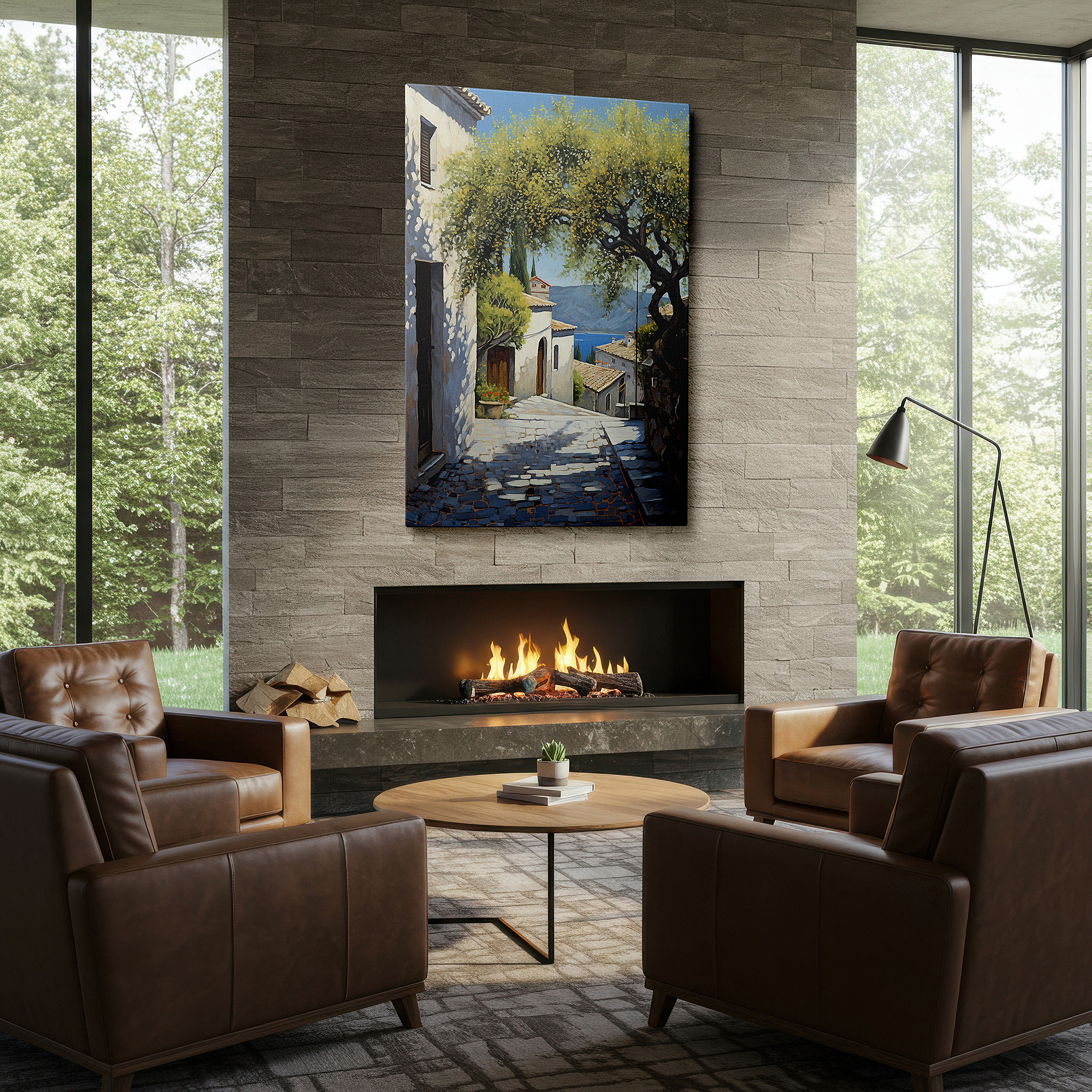 The 75×50 cm version anchors medium rooms without dominating them — mediterranean coastal escape wall art: sunlit, rustic charm with serene views - large canvas for office and bedroom decor