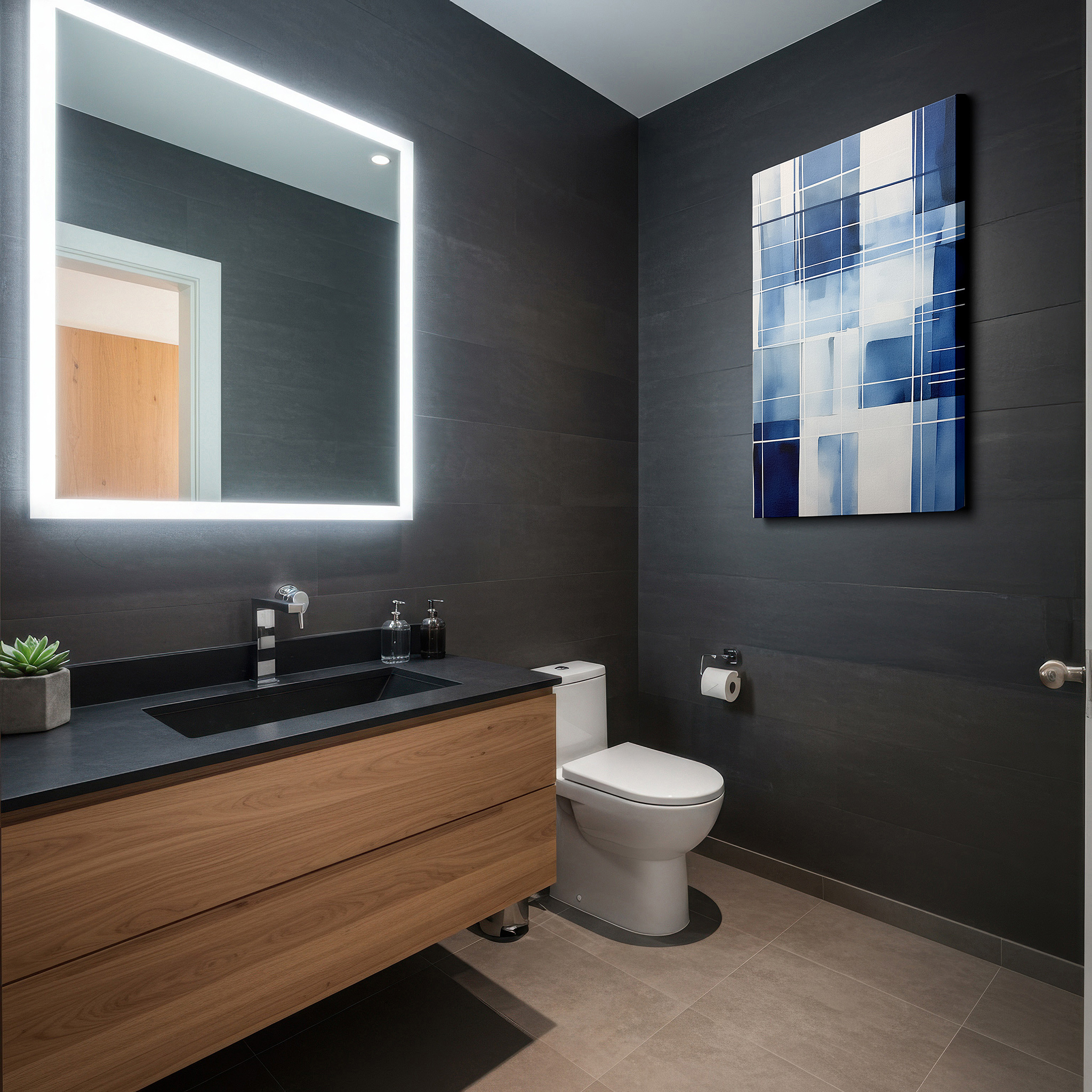 The 75×50 cm version anchors medium rooms without dominating them — modern geometric blues in a calm grid, ideal for contemporary spaces, large wall art, canvas wall art, wall decor, office wall art