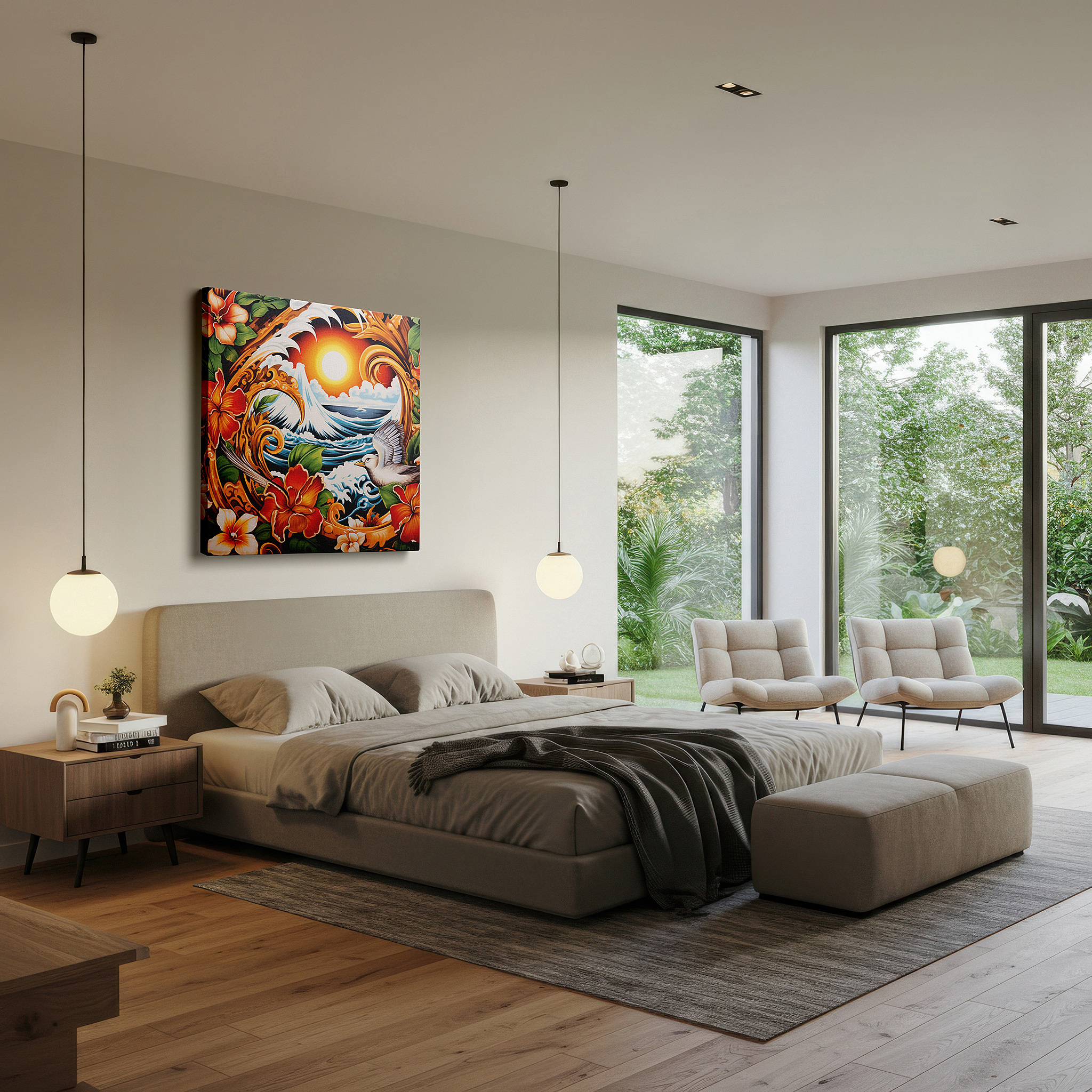 The 75×50 cm version anchors medium rooms without dominating them — ocean's majesty and blooming tranquility under a captivating sunset: large wall art, canvas wall art, wall decor for office and bedroom