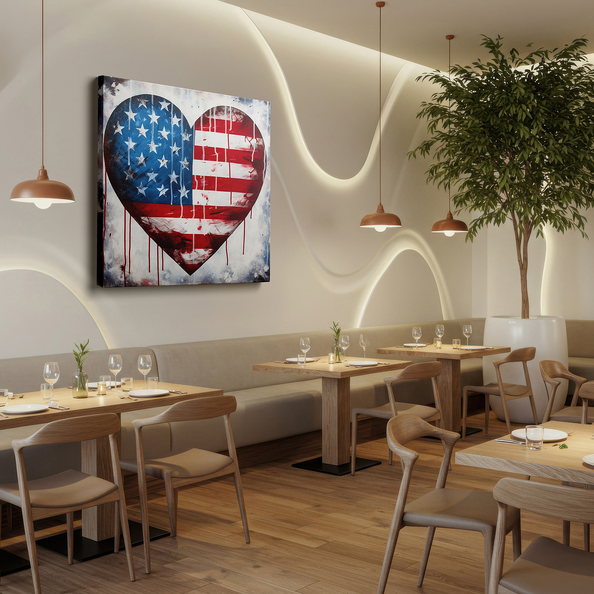 The 75×50 cm version anchors medium rooms without dominating them — patriotic american flag heart design in bold red, white, and blue - large canvas wall art for home and office decor
