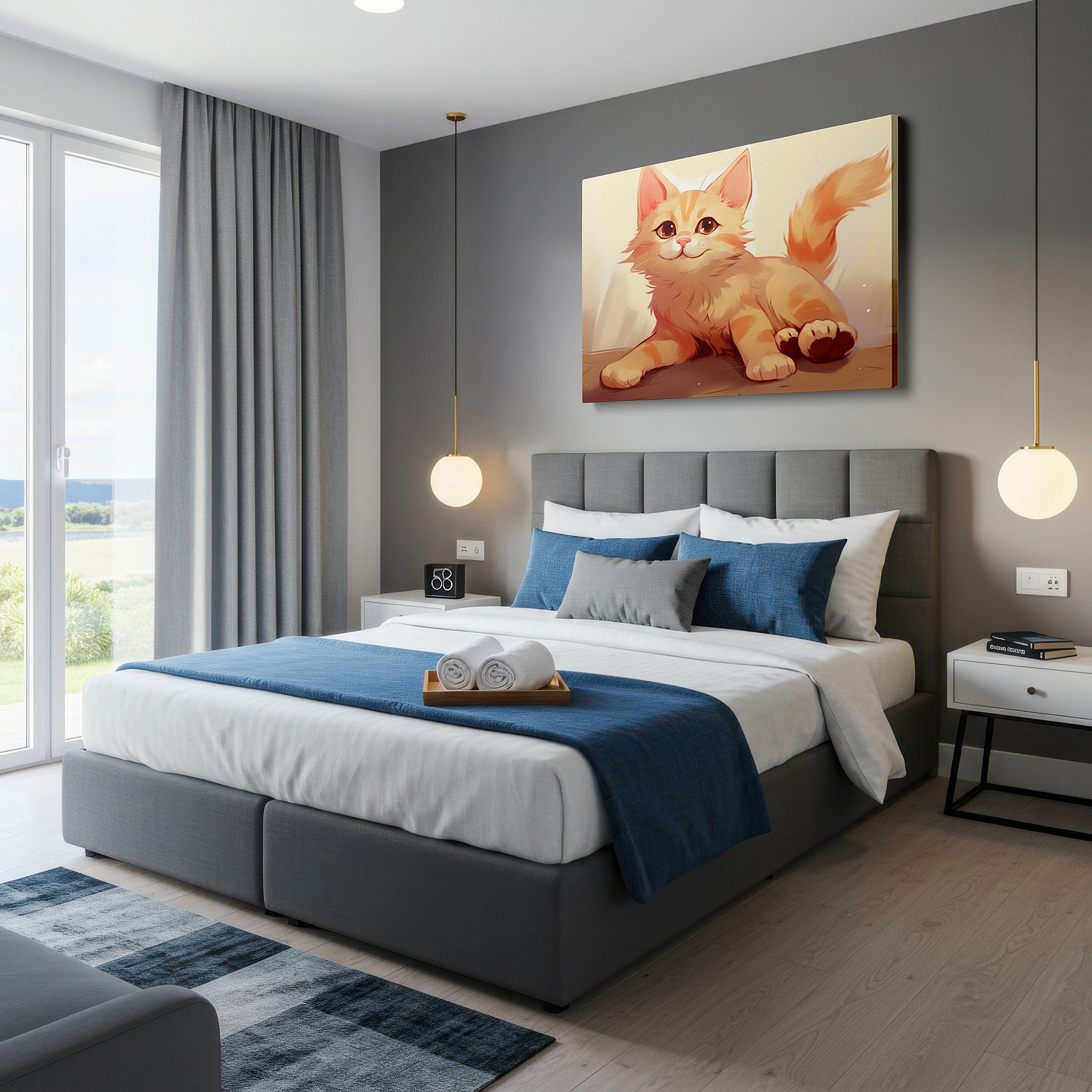 The 75×50 cm version anchors medium rooms without dominating them — peaceful ginger cat in cozy comfort: symbolizing domestic warmth - large wall art, canvas wall art, wall decor for office and bedroom