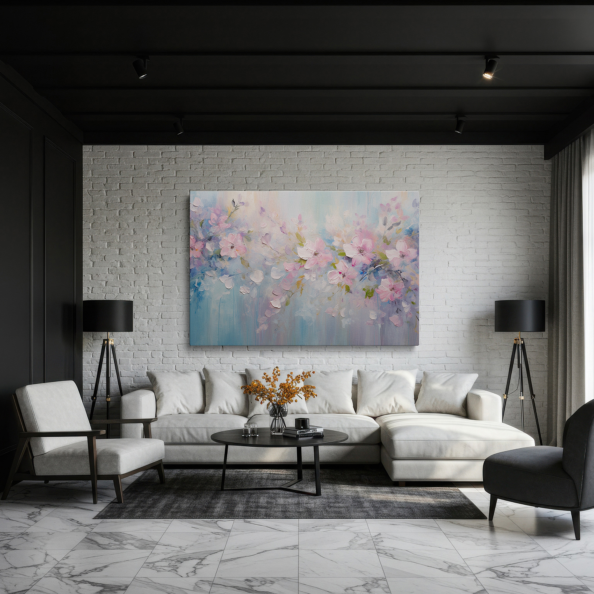 The 75×50 cm version anchors medium rooms without dominating them — pink blossoms on a serene blue background large wall art, canvas wall decor, office wall decor, bedroom wall decor, living room wall art