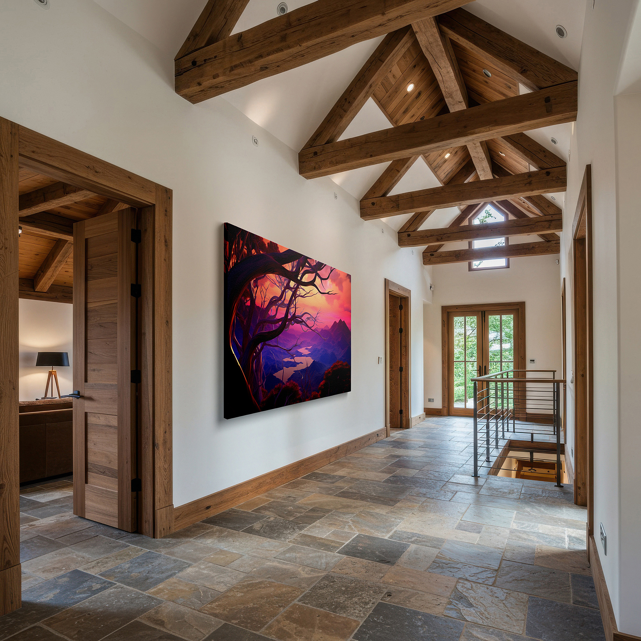 The 75×50 cm version anchors medium rooms without dominating them — pink and purple ethereal landscape with tranquil trees and majestic mountains, large canvas wall art for office and bedroom decor