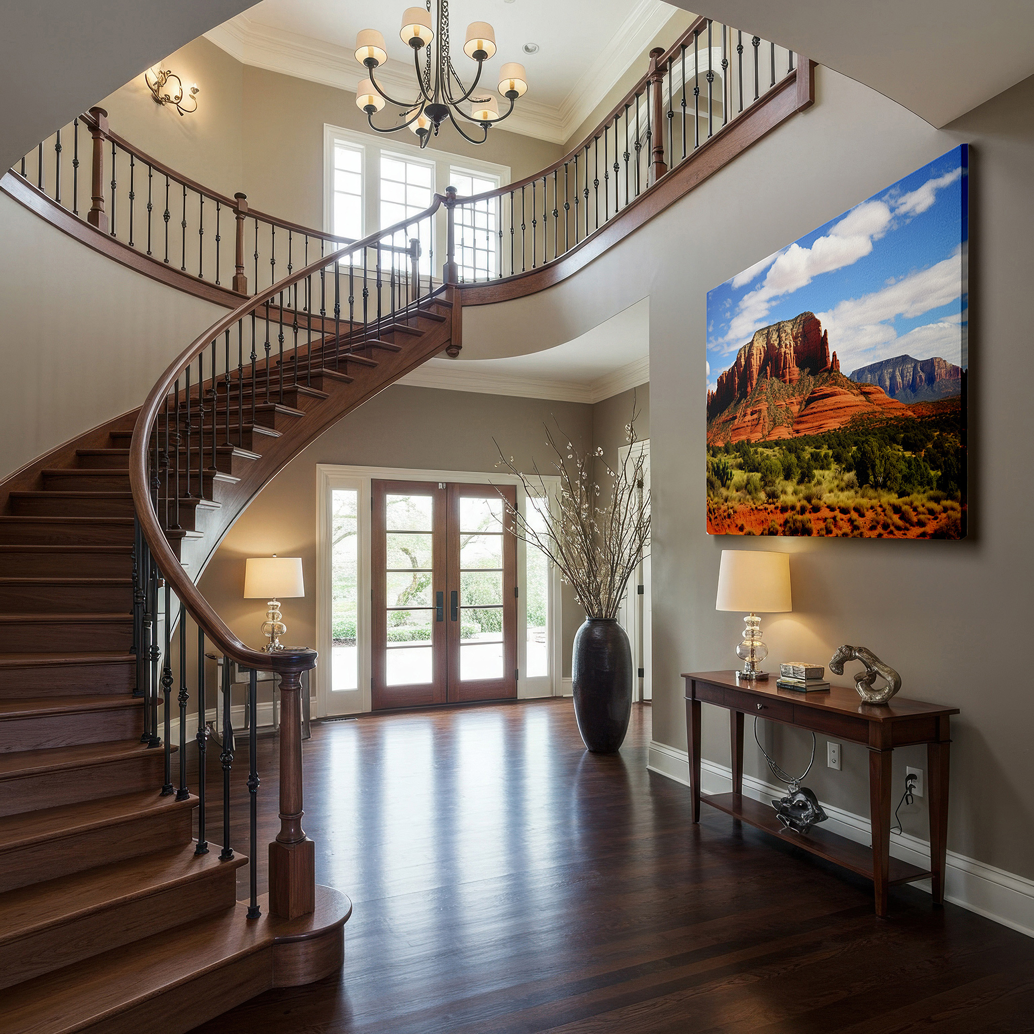 The 75×50 cm version anchors medium rooms without dominating them — red rocks rising majestically against a bright blue sky: a celebration of nature's beauty - large canvas wall art for home and office decor