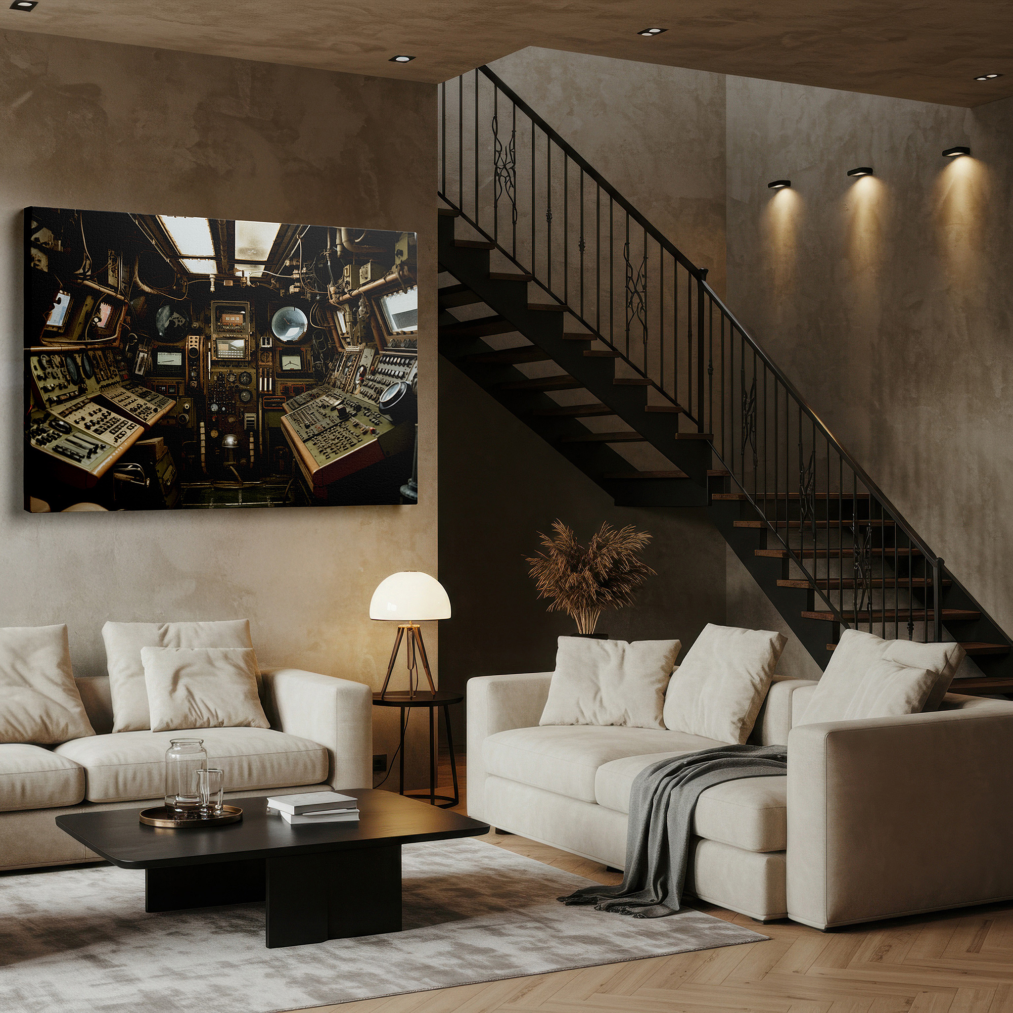The 75×50 cm version anchors medium rooms without dominating them — retro control room wall art - a vivid display of technological evolution featuring detailed machinery and human ingenuity, available as large canvas wall art