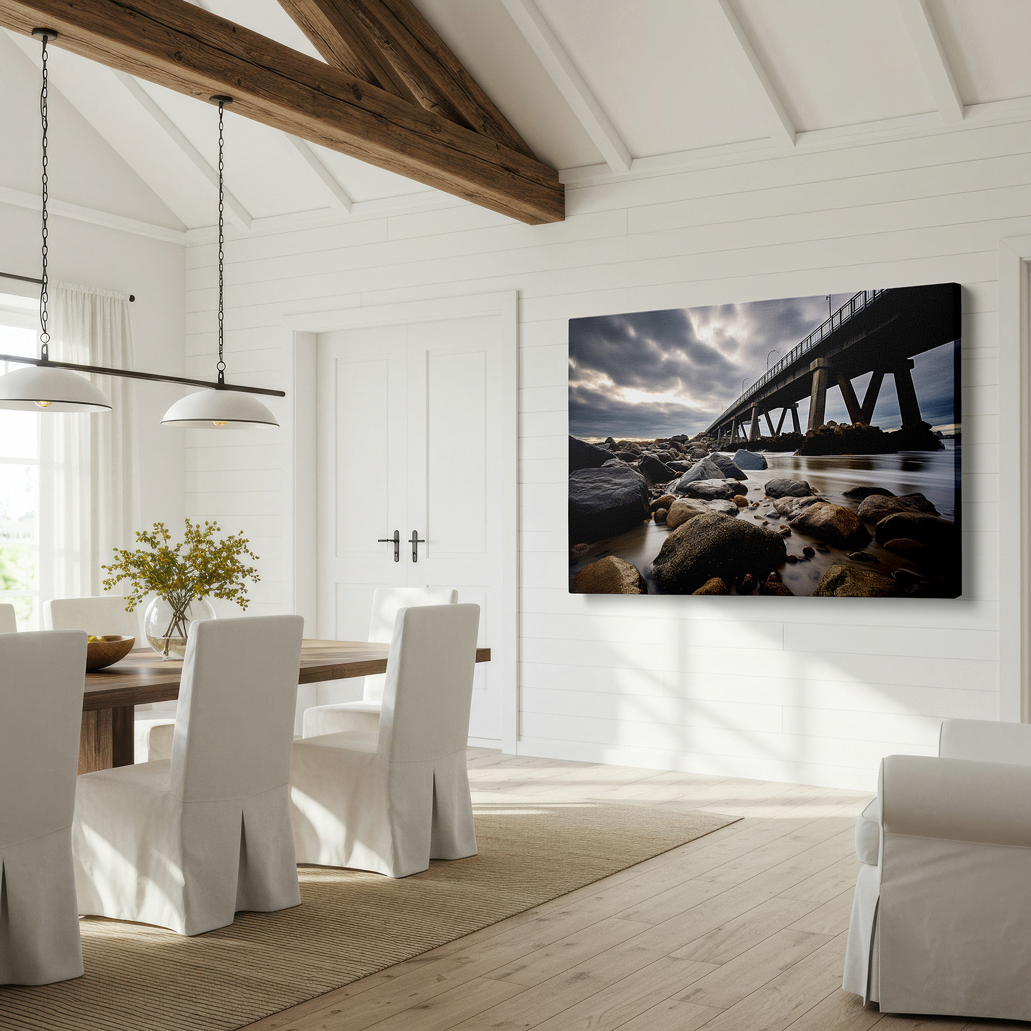 The 75×50 cm version anchors medium rooms without dominating them — rocky shoreline and brooding sky: a serene dance of water and stone - large canvas wall art for office and bedroom decor