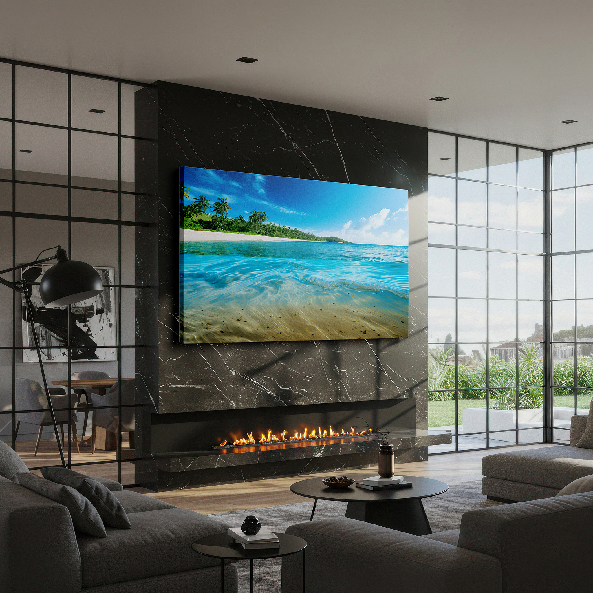 The 75×50 cm version anchors medium rooms without dominating them — serene beach paradise with lush greenery and calm blue waters large wall art, canvas wall art, wall decor, office wall art