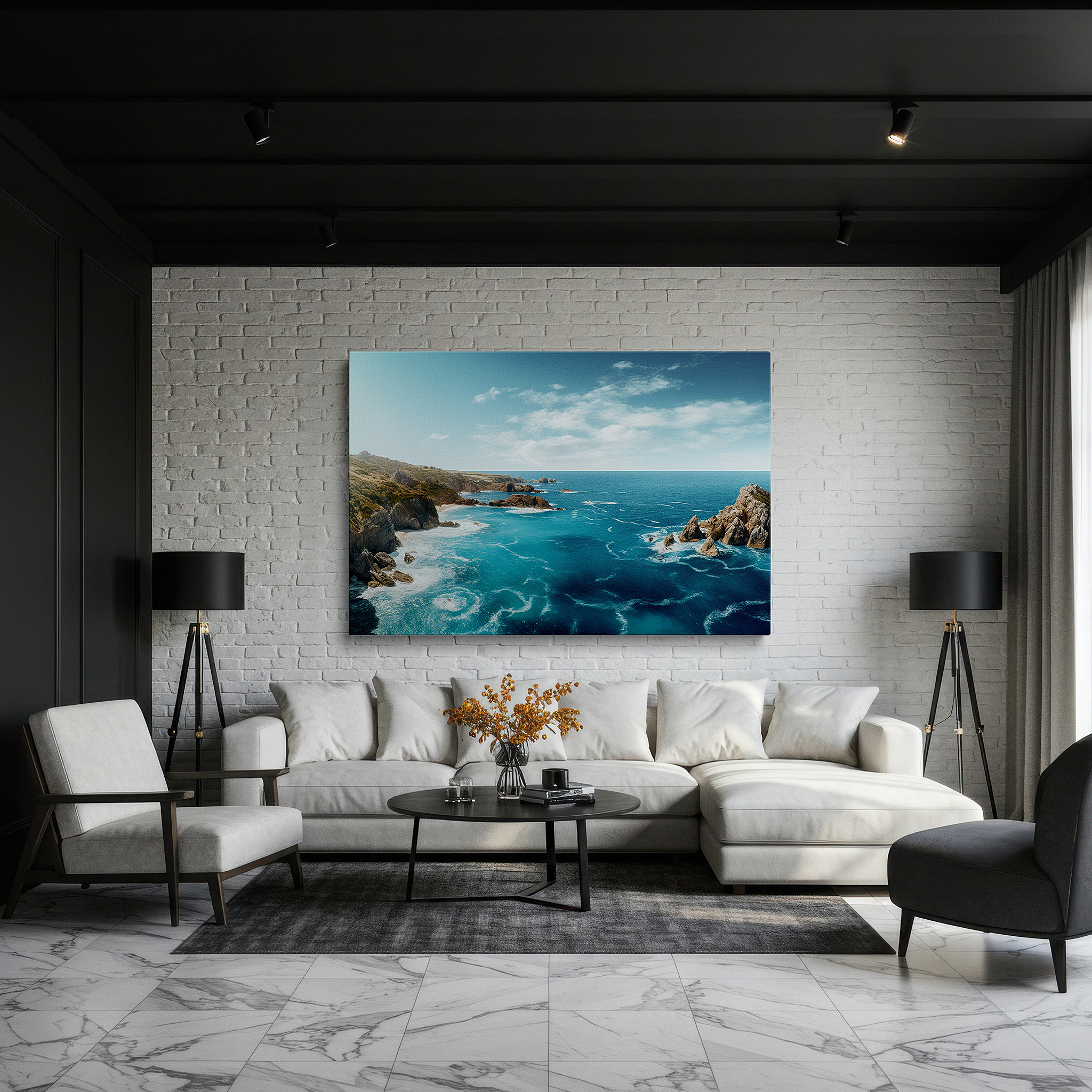 The 75×50 cm version anchors medium rooms without dominating them — serene coastal scene with lush cliffs and grand rock formations large wall art, canvas wall art, wall decor for office and bedroom