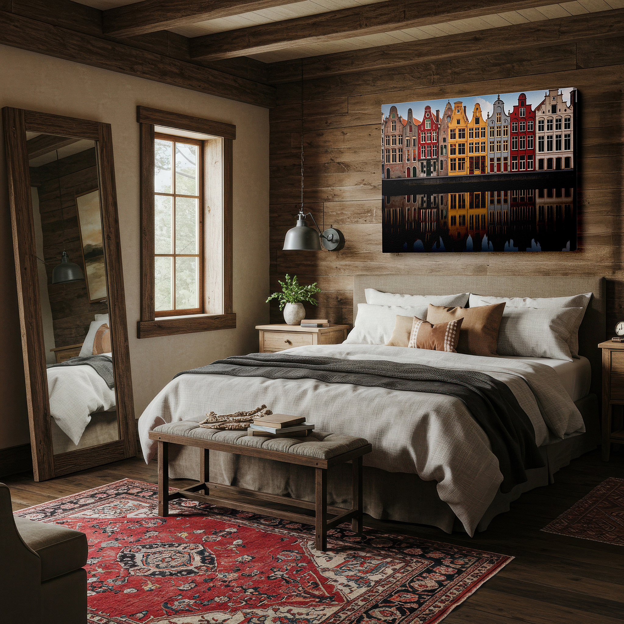 The 75×50 cm version anchors medium rooms without dominating them — serene dutch townscape with vibrant gabled buildings reflected in tranquil waters - large canvas wall art for office decor