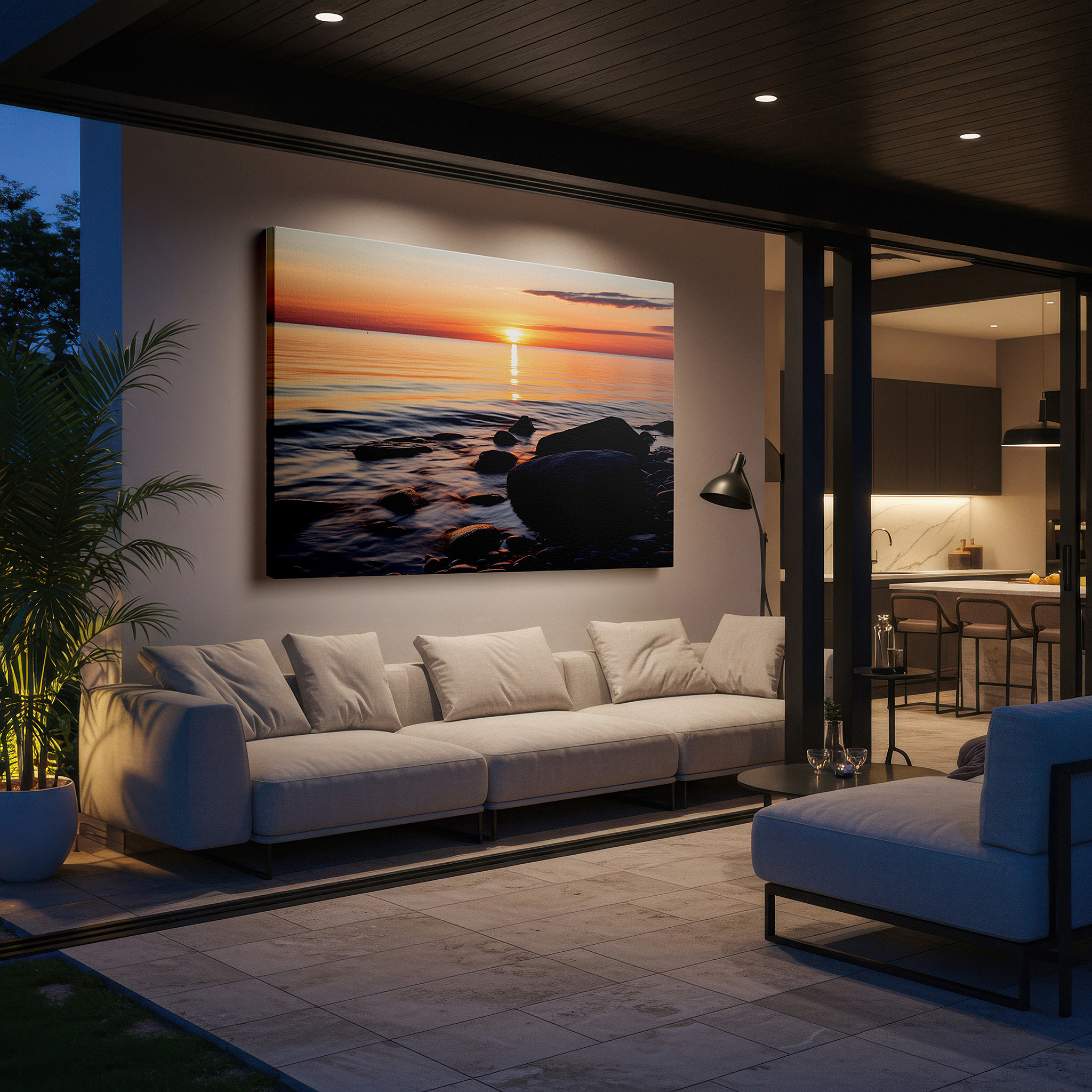The 75×50 cm version anchors medium rooms without dominating them — serene evening by the sea - tranquil sunset and pebbled shoreline large wall art, canvas decor for office and bedroom