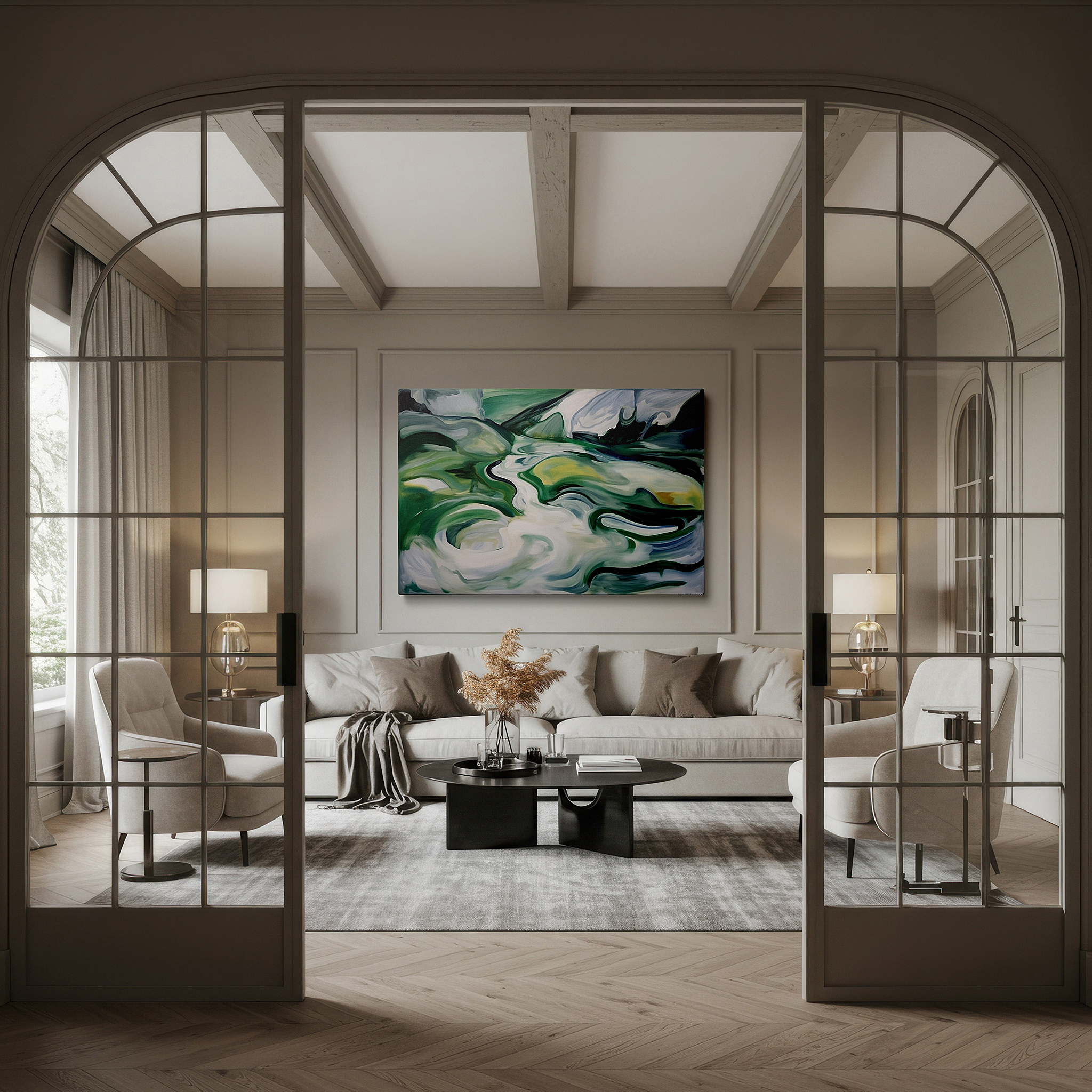 The 75×50 cm version anchors medium rooms without dominating them — serene green landscape and meandering river abstract large wall art, canvas wall art, wall decor for office, bedroom, and living room