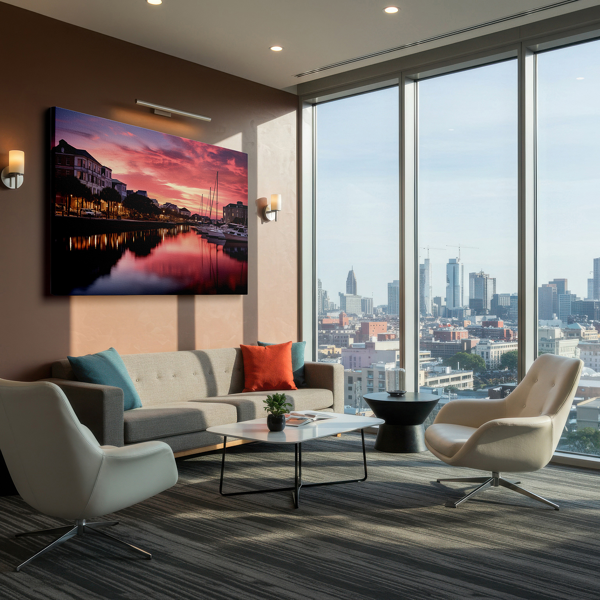 The 75×50 cm version anchors medium rooms without dominating them — serene harbor sunset wall art featuring vibrant skies and calm waters - perfect for home or office decor, large canvas print