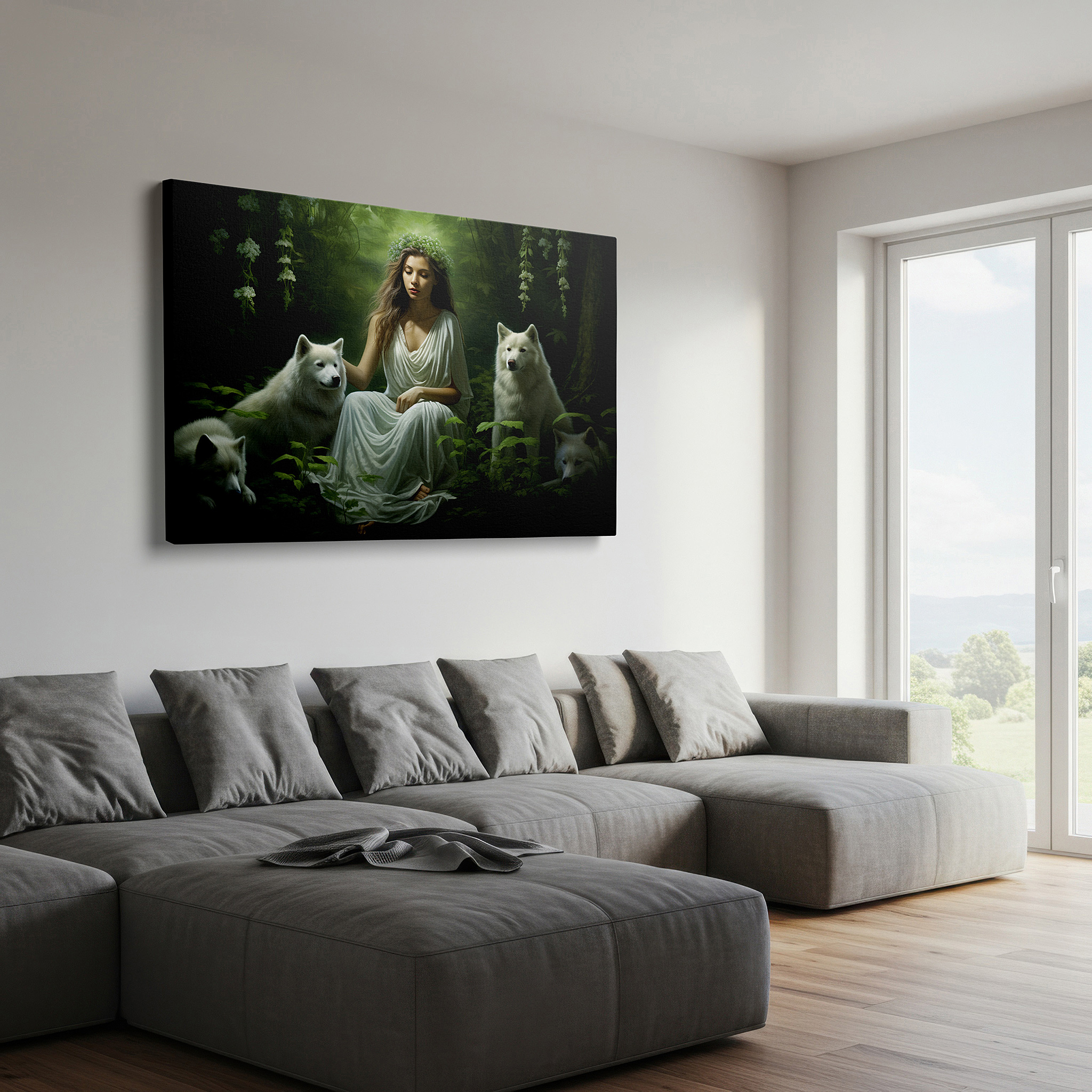 The 75×50 cm version anchors medium rooms without dominating them — serene harmony wall art: woman and white wolves in enchanted forest - large canvas art for office and bedroom decor