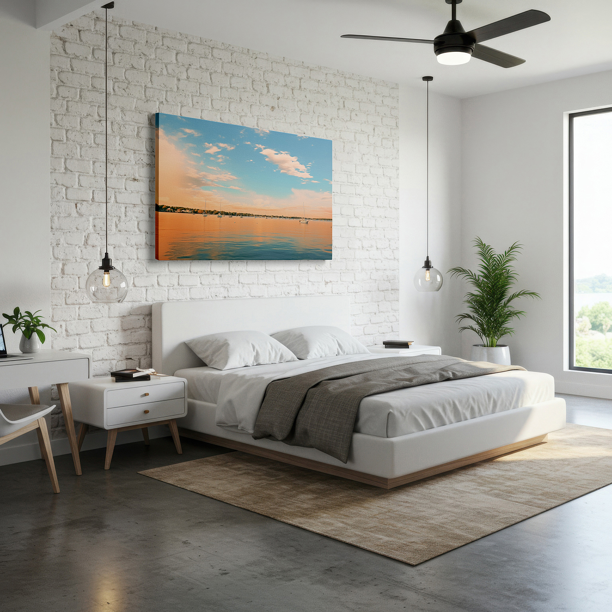 The 75×50 cm version anchors medium rooms without dominating them — serene lakeside sunset featuring boats and reflective waters - large canvas wall art for office and bedroom decor