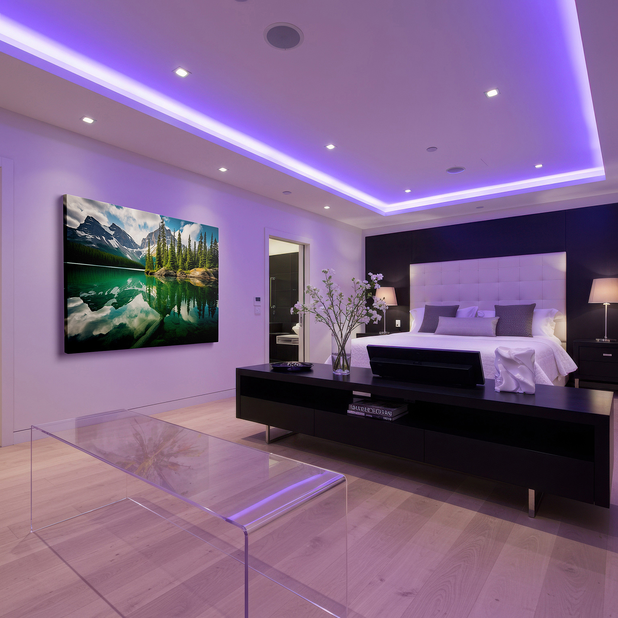 The 75×50 cm version anchors medium rooms without dominating them — serene mountain lake and majestic peaks wall art: tranquil waters and large canvas decor for office and bedroom