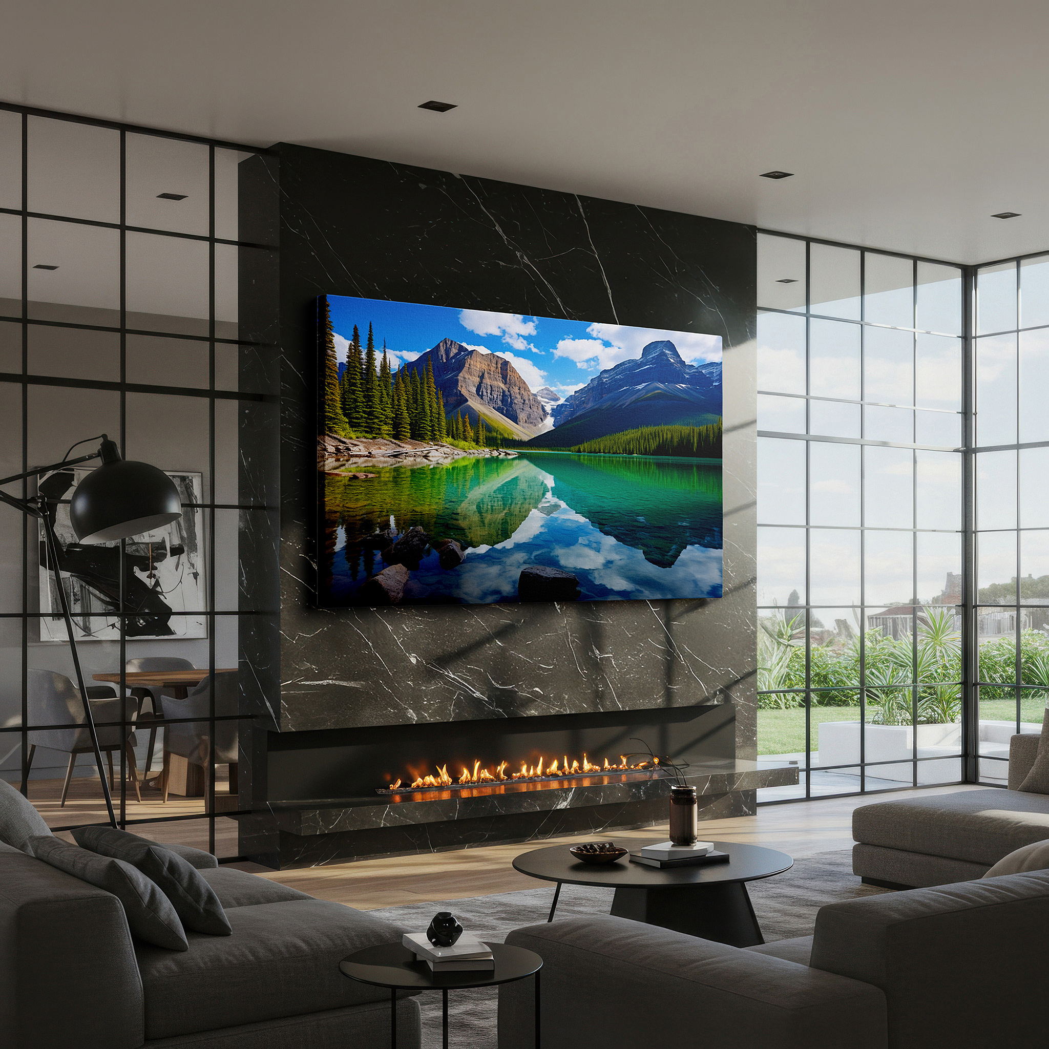 The 75×50 cm version anchors medium rooms without dominating them — serene mountain lake and verdant trees reflection wall art - vibrant blue sky canvas for office and bedroom decor