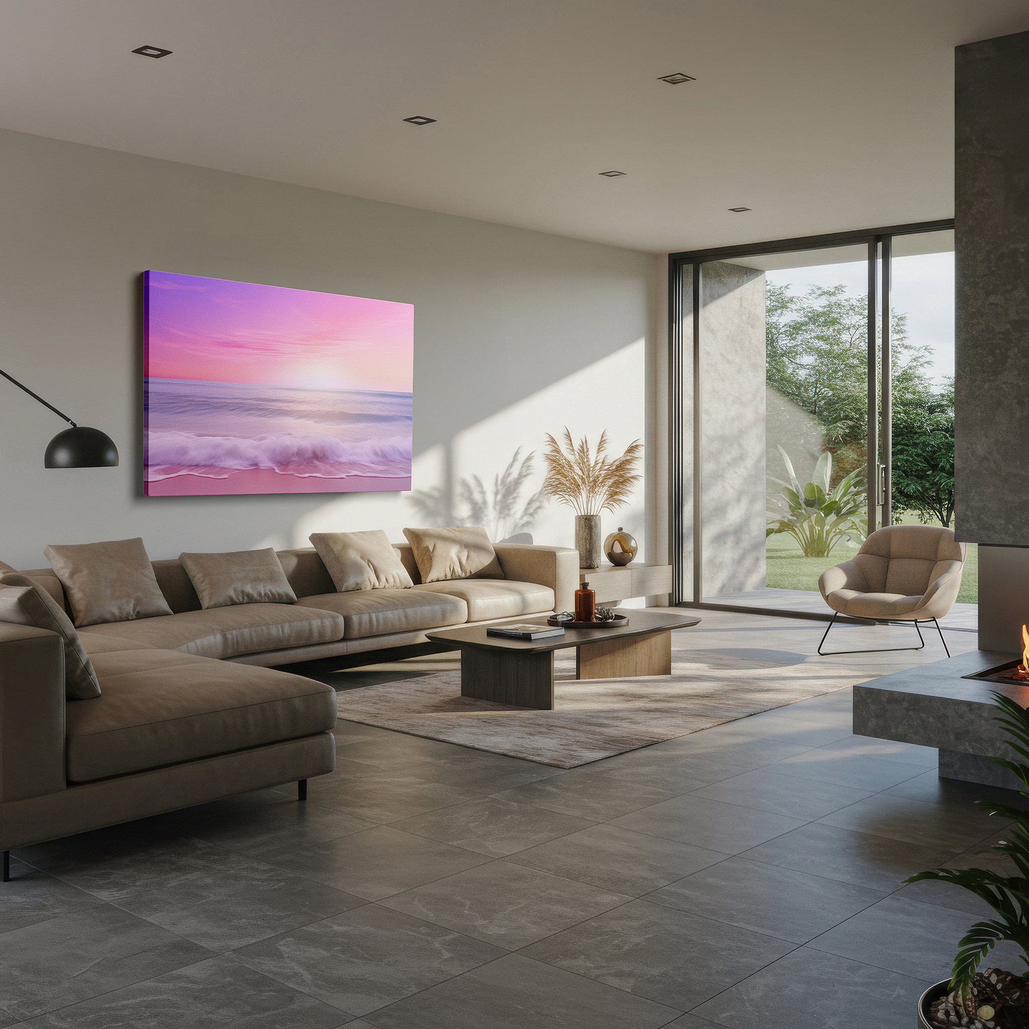The 75×50 cm version anchors medium rooms without dominating them — serene ocean sunset featuring gentle pink and purple tones above peaceful waters - large canvas wall art for home and office decor