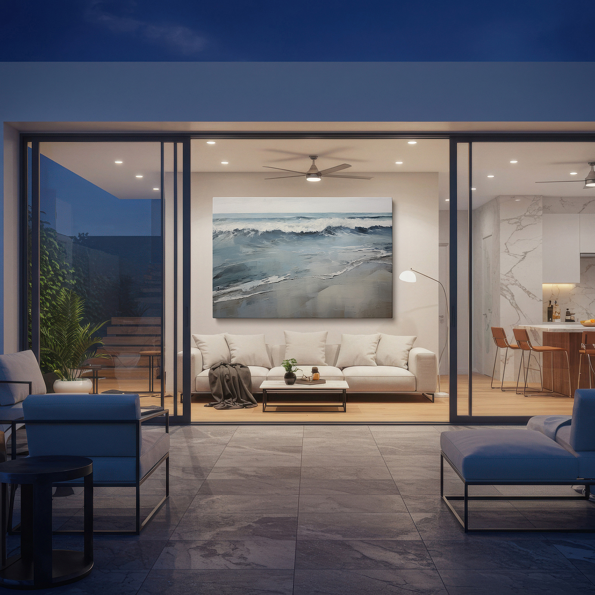 The 75×50 cm version anchors medium rooms without dominating them — serene ocean view with soft waves and sandy beaches, large canvas wall art for home and office decor