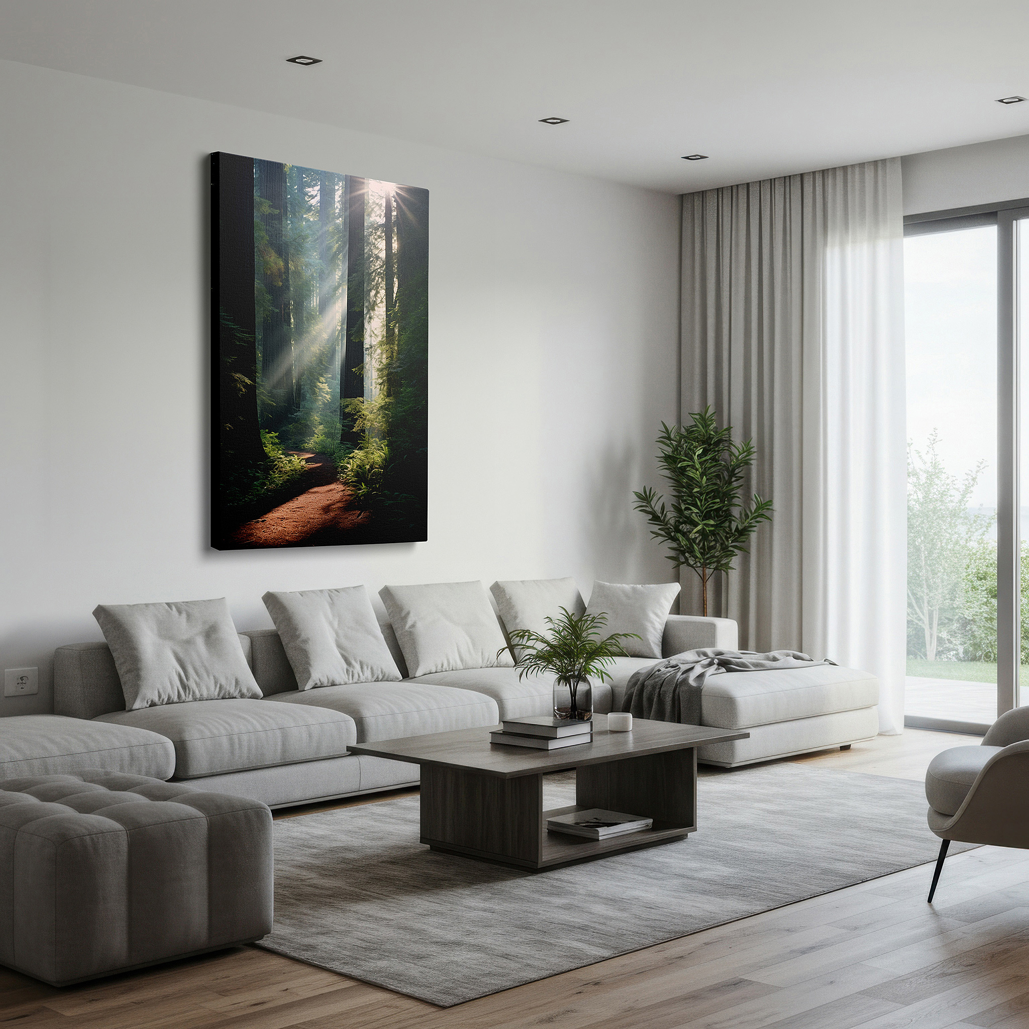 The 75×50 cm version anchors medium rooms without dominating them — serene redwood forest canvas: sunlit pathway - tranquil nature escape wall art for office and bedroom decor