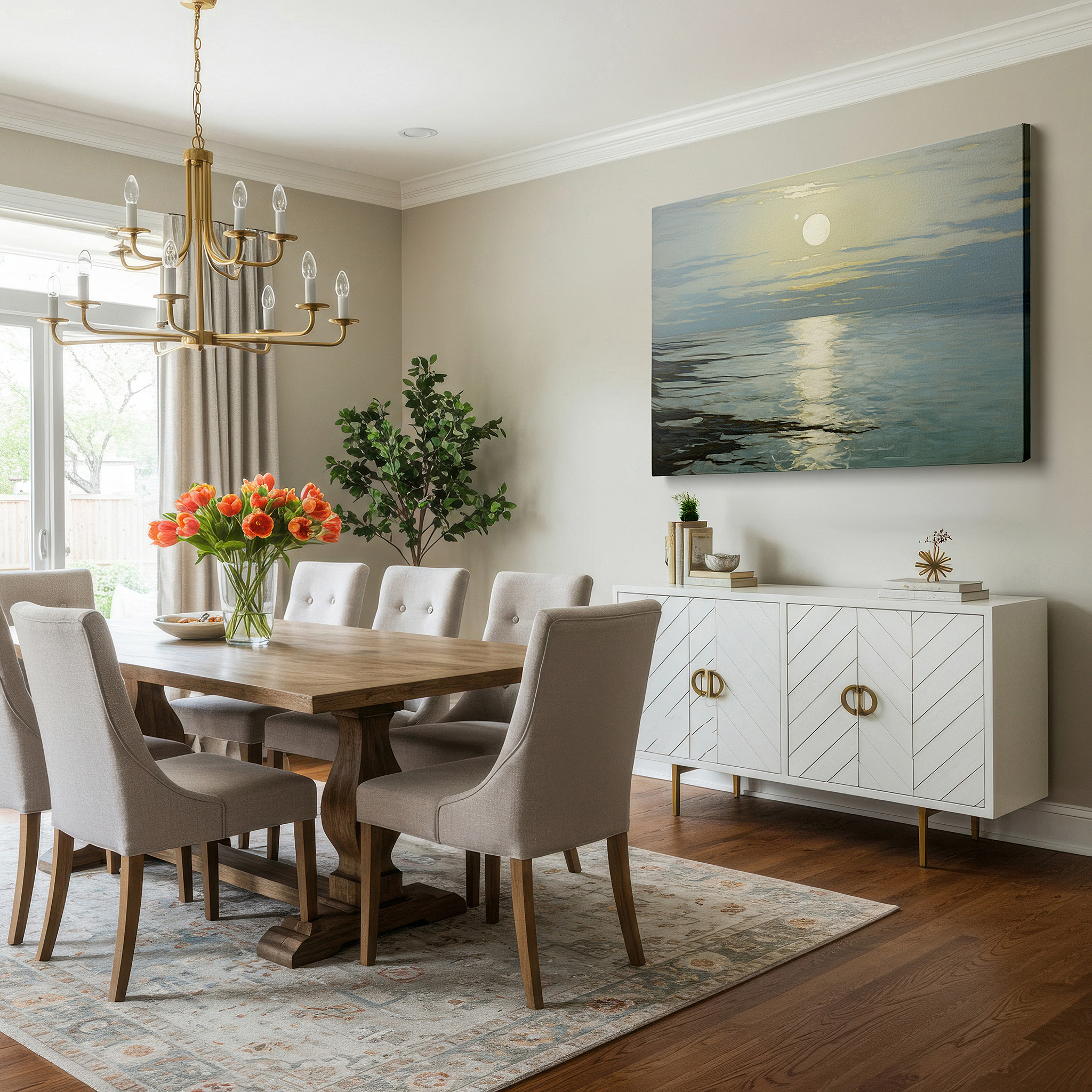 The 75×50 cm version anchors medium rooms without dominating them — serene seascape featuring gentle sunset reflections on calm ocean waters - large canvas wall art for office and bedroom decor